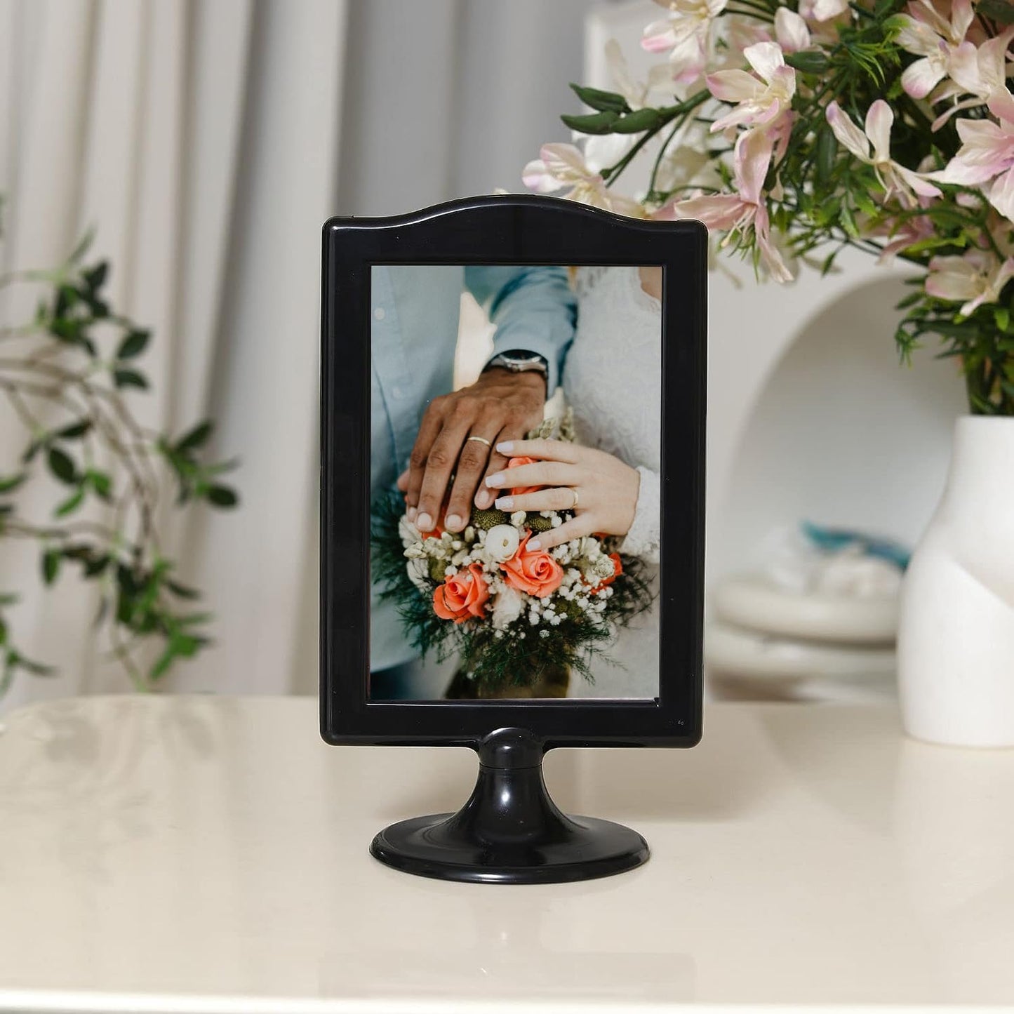 NahNah Double Sided Standing Picture Frames - (Black, 10 Count) 4x6 Inch, Plastic Pedestal Photo Frame with Inserts and Base - 2 Sided Tabletop Vertical Display Frame for Wedding Table Bridal