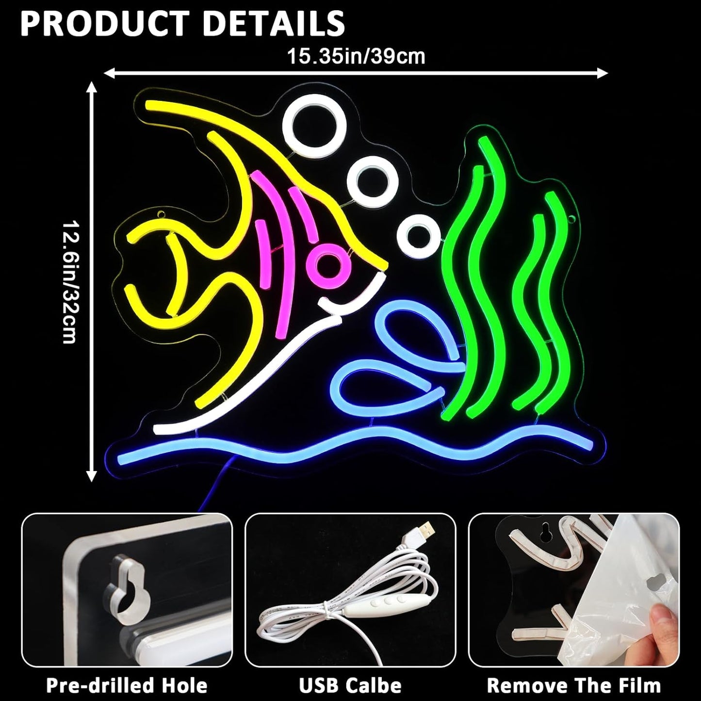 Tropical Fish Neon Sign for Wall Decor, Fish Led Signs for Room, USB Dimmable Neon Lights for Fish Shop Bar Home Pub Club Man Cave Party Store Office Restaurant Ocean Museum Decoration