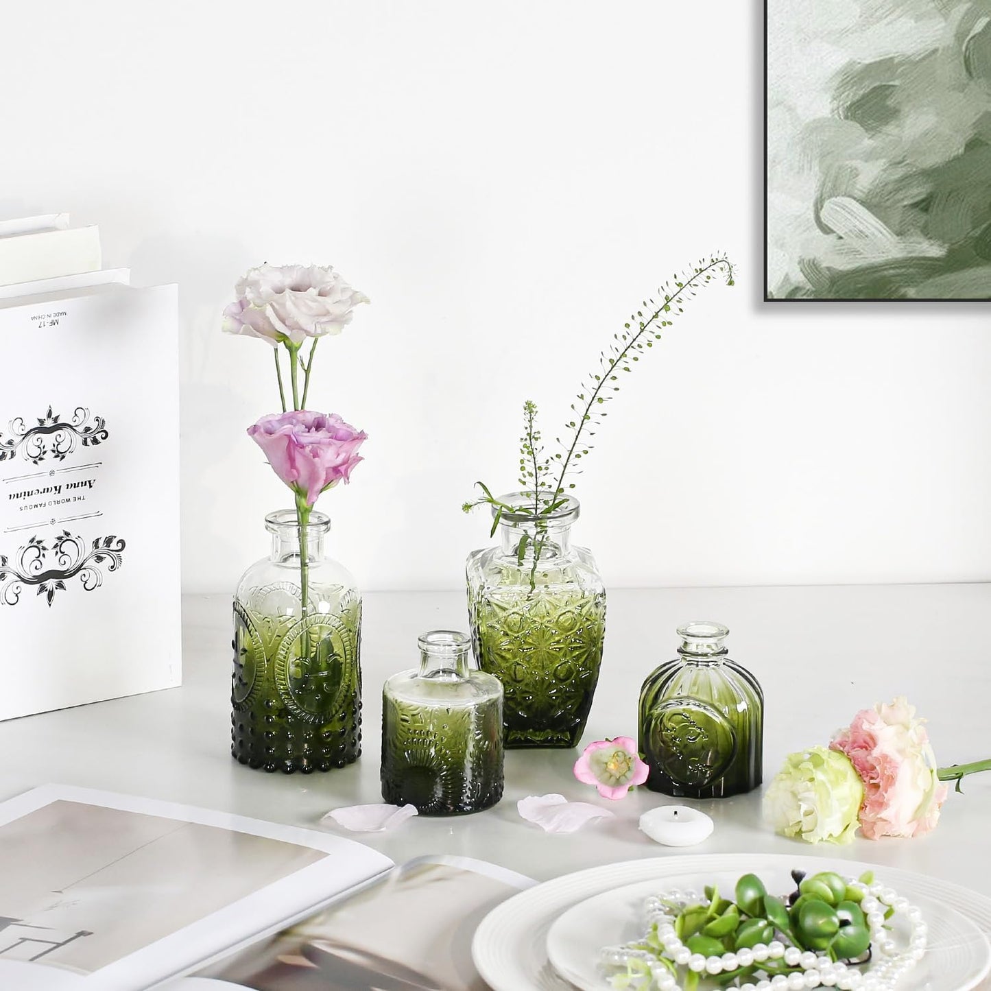 Mini Bud Vases As Wedding Centerpieces for Tables,Clear Bud Vases for Flowers,Small Flower Vases Suitable for Birthday Party,Anniversary,Wedding Reception,Baby Shower (Dark Green, 12PCS)