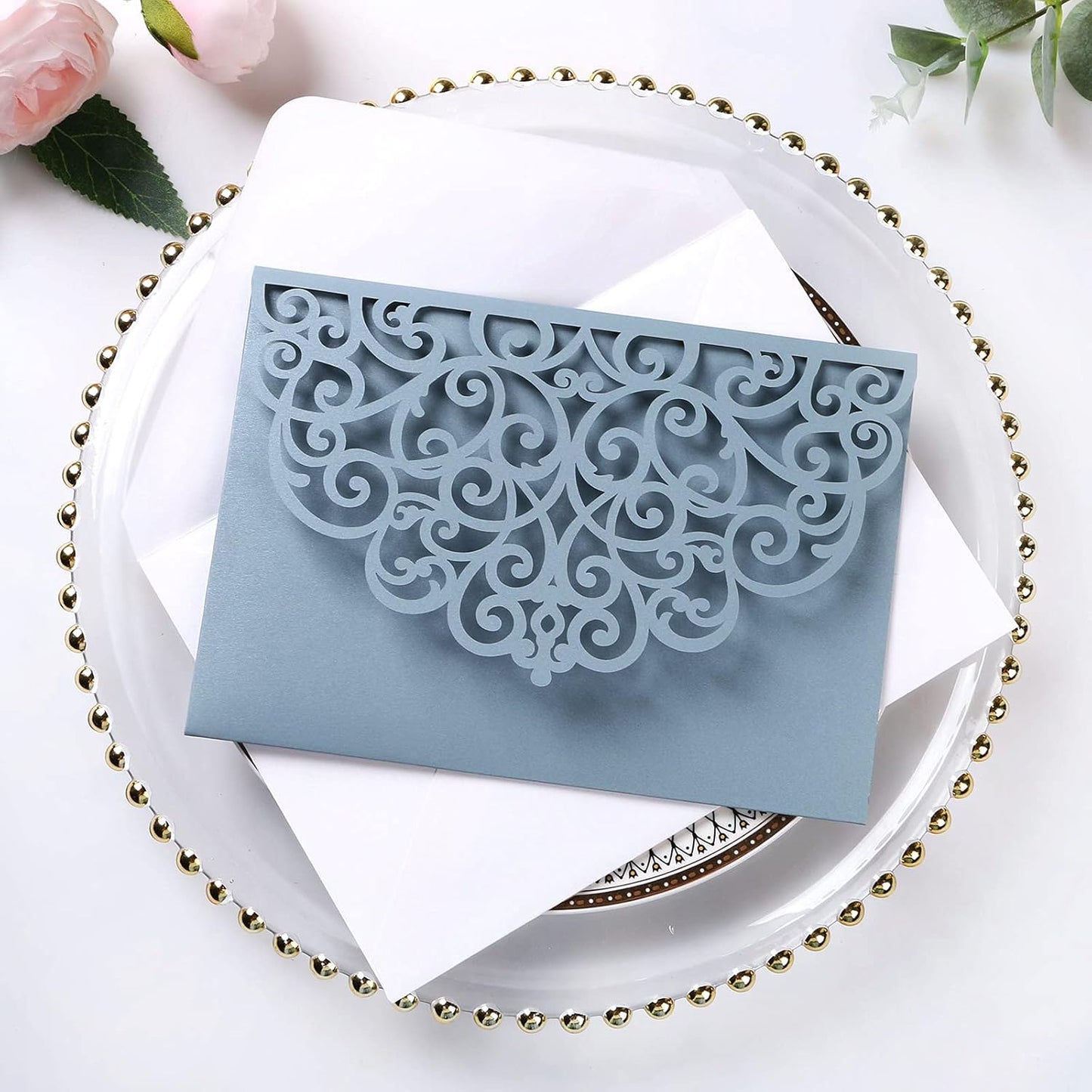 PONATIA 5.12 x 7.2 Dusty Blue Laser Cut Invitation Pocket, 20PCS Tri-Fold 5 x 7 Laser Cut Wedding Invitation Pockets with Envelopes for Wedding Bbay Shower Birthday Sweet 16 Invite (No Inner Sheet)