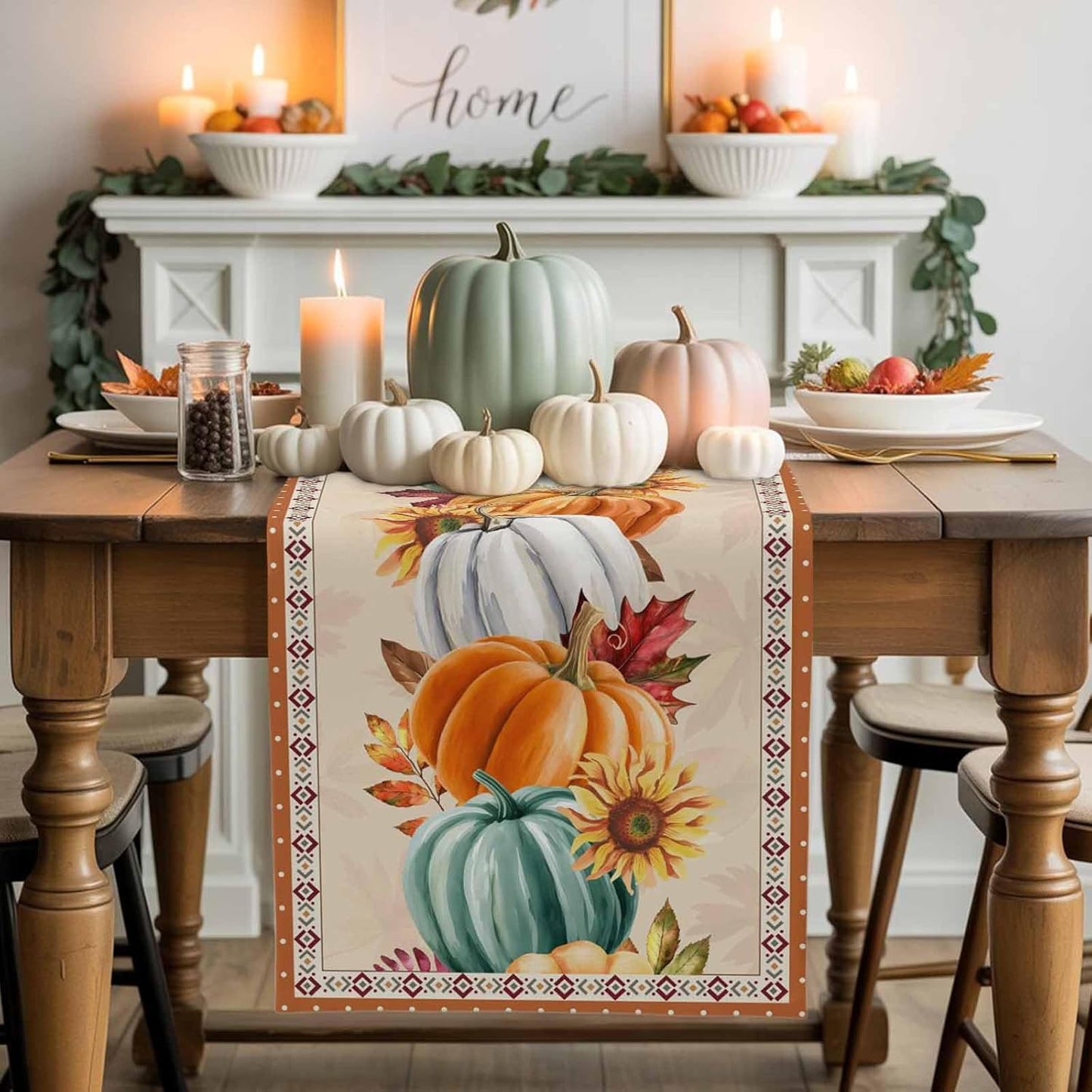 Fall Thanksgiving Southwest Cotton Linen Table Runner for Dining Kitchen, Orange Pumpkins Wedding Outdoor Party Rustic Tablerunners Decoration, Sunflower Dresser Scarf Tablecloth Runners 13x60 Inches