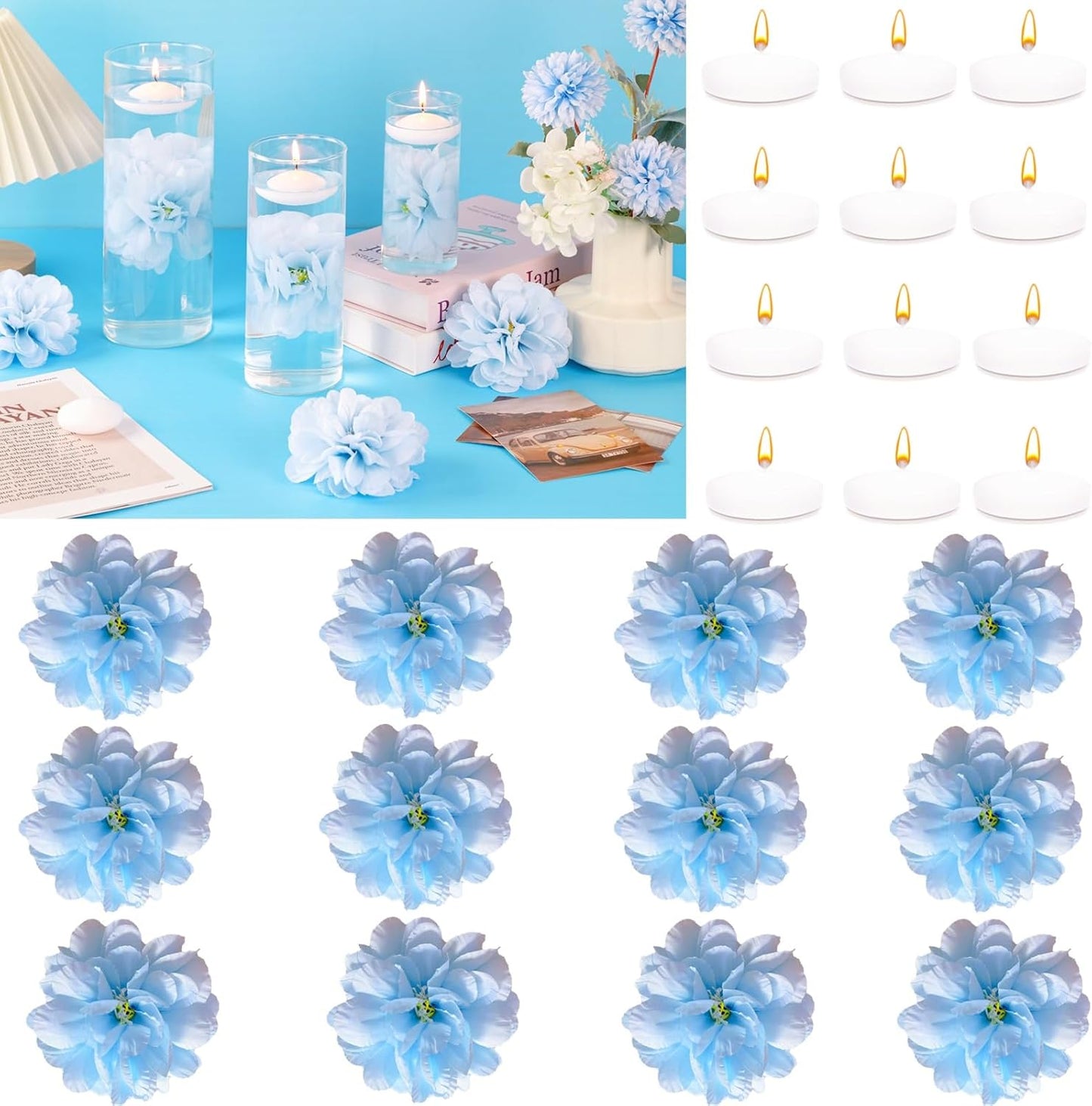 24 Pcs Floating Candles for Centerpieces and Floating Flowers Vase Fillers for Centerpieces Artificial Blue Flowers for Wedding Party Home Table Decoration