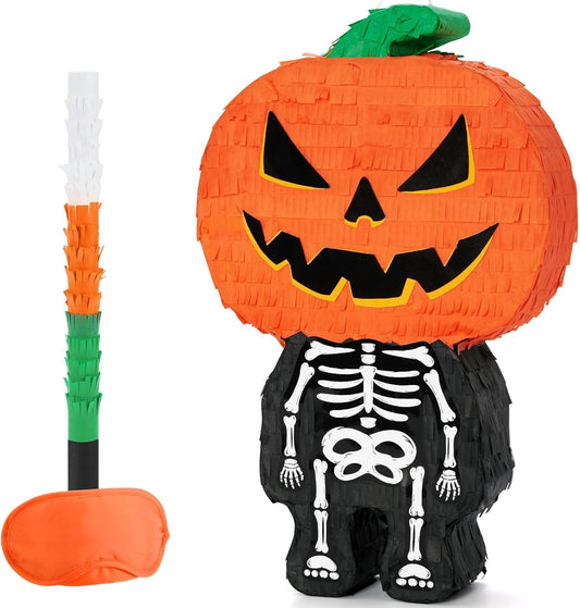 WERNNSAI Halloween Skull Pumpkin Piñata - Pumpkin Skull Pinata Halloween Scary Party Candy Game Supplies for Kids Trick Treat Party Jack o Lanterns Decorations Favor with Blindfold & Bat