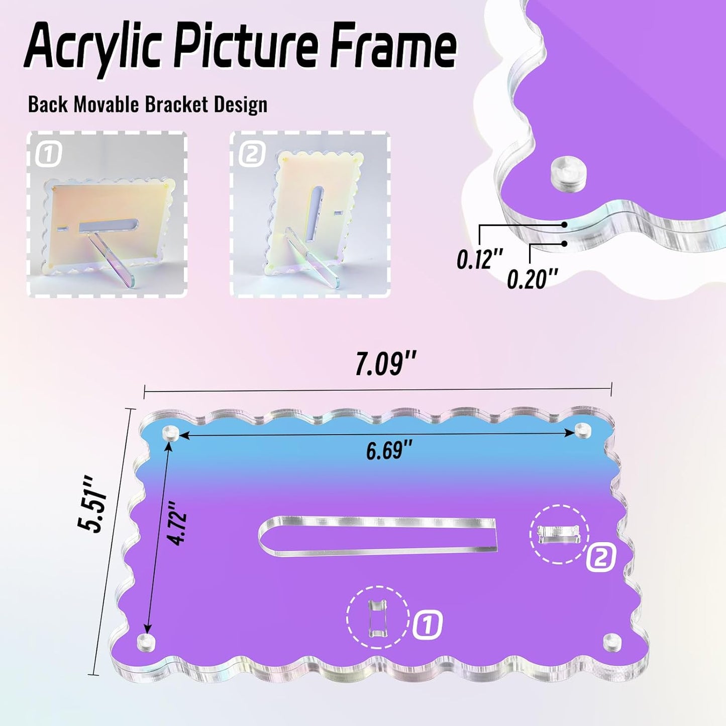 Acrylic Picture Frames 3 Pack 4x6 inch Scalloped Iridescent with Detachable Stand, Vertical and Horizontal Tabletop Display, Magnetic Photo Frames for Café/Home/Weeding/Party