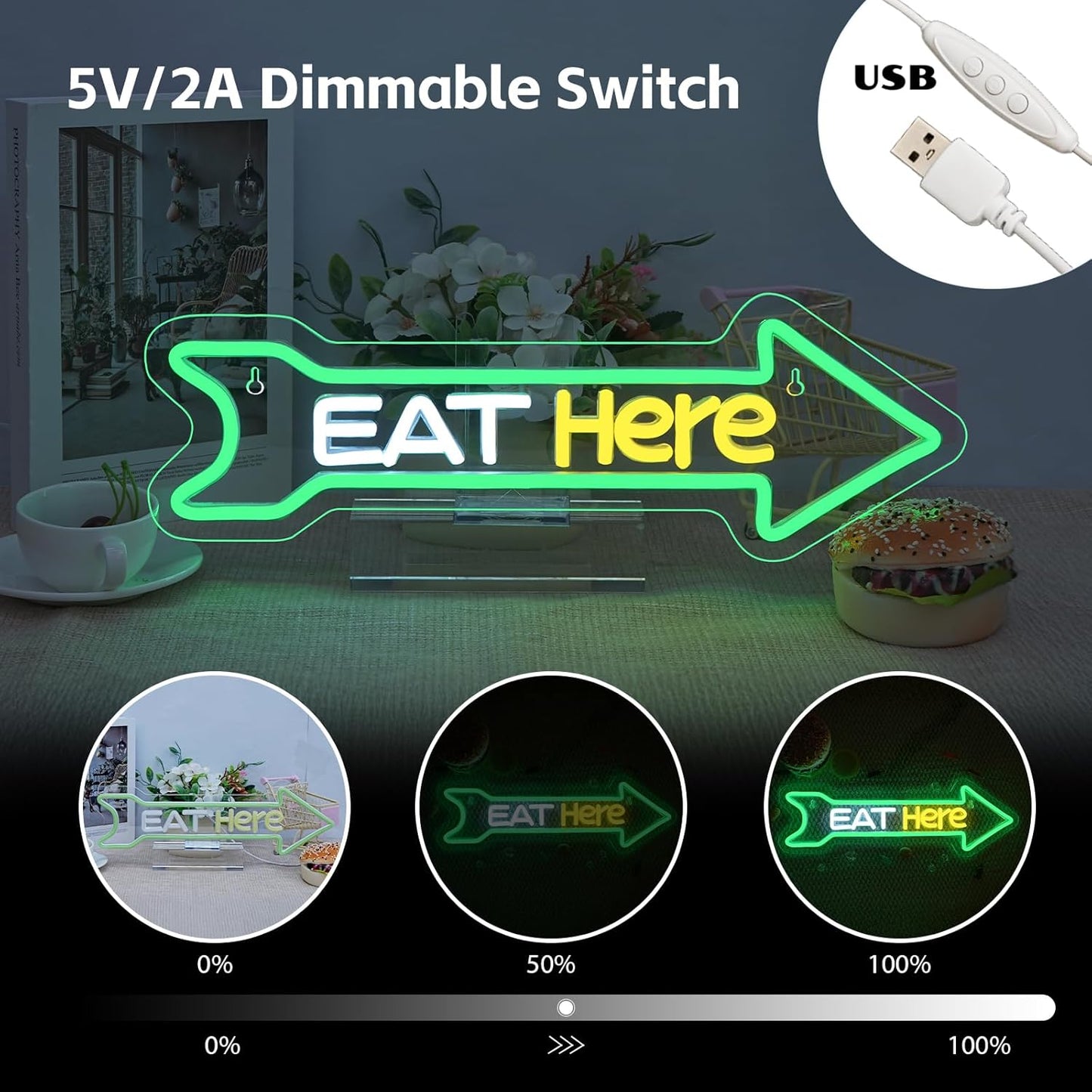 Looklight Eat Here Arrow Neon Sign Dimmale Neon Lights For Wall Decor Led Lights For Home Kitchen Restaurant Bar Party Decor USB Powered 16.6x5.5in