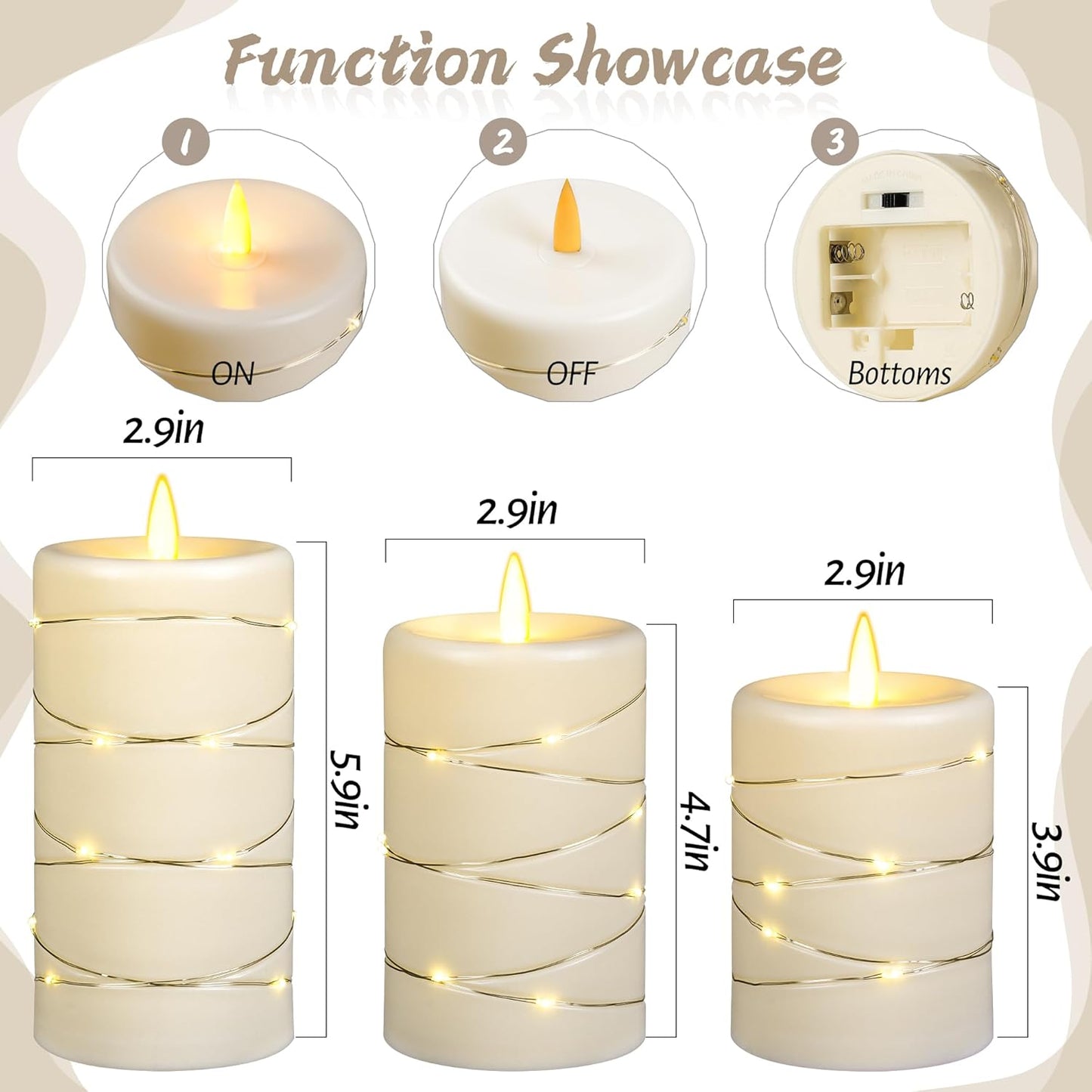 Upinmz Flickering Flameless LED Candles with String Lights, Remote Control and Timer - 3 Pack Ivory White Acrylic