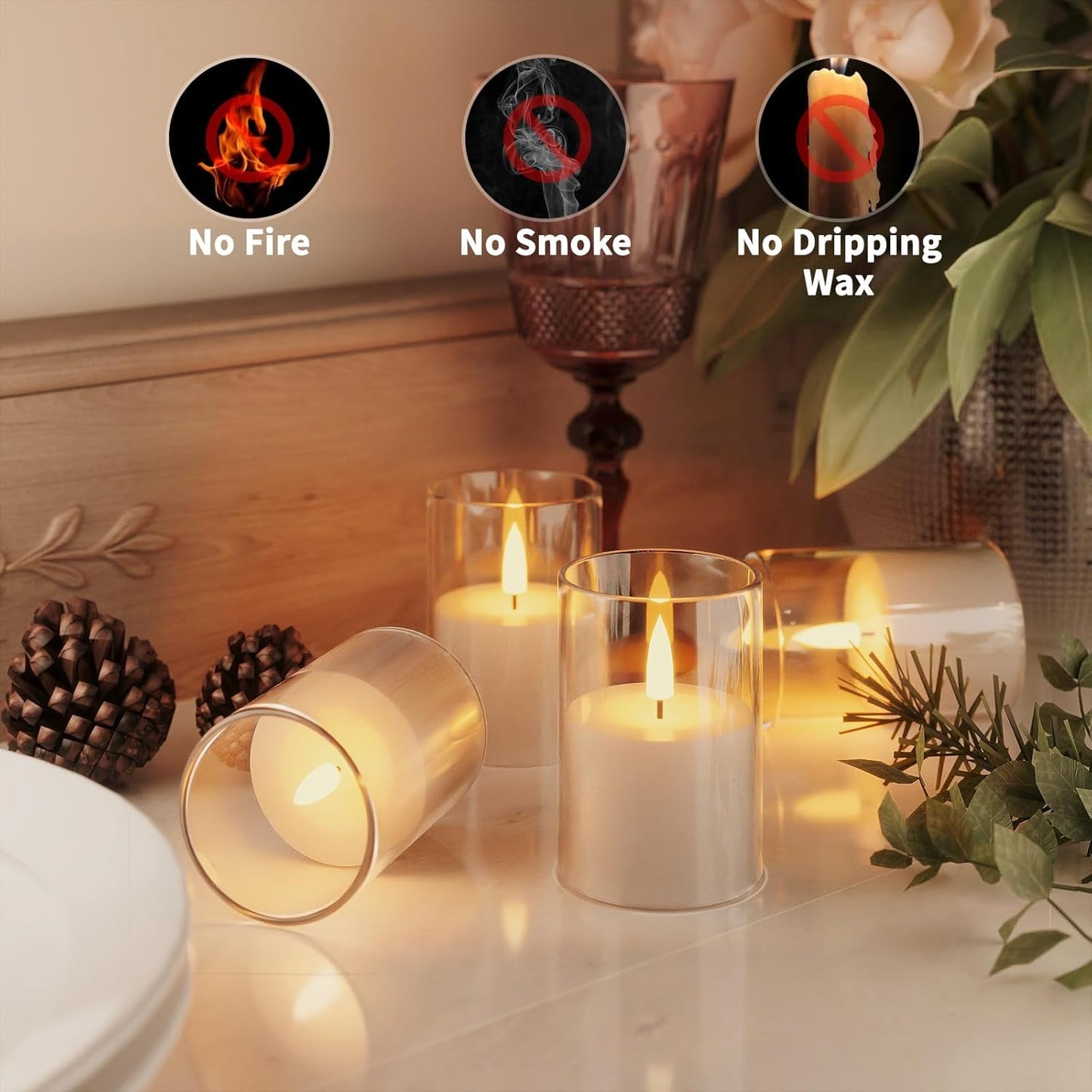 6Pack Flickering Flameless LED Candles with Remote & Timer, Battery Powered - Small Pillar & Votive, Clear (2"X3")