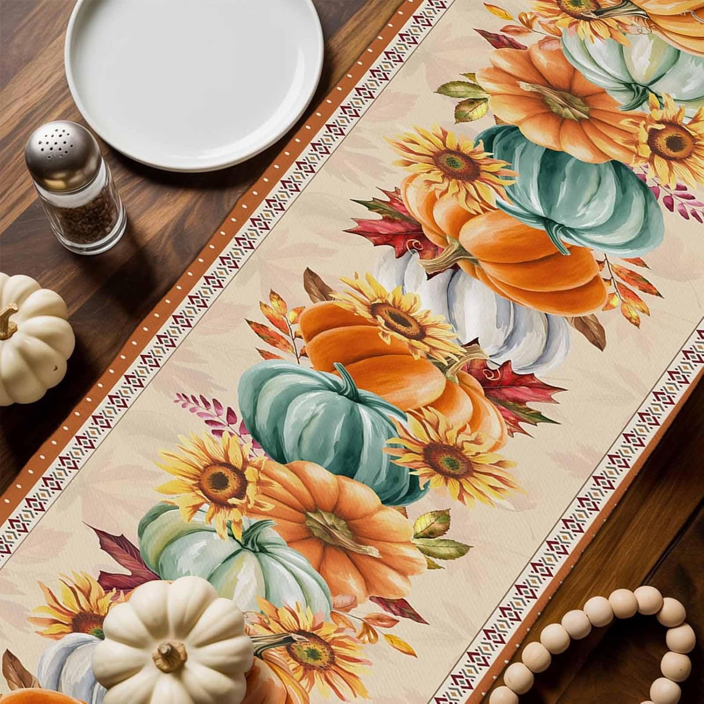 Fall Thanksgiving Southwest Cotton Linen Table Runner for Dining Kitchen, Orange Pumpkins Wedding Outdoor Party Rustic Tablerunners Decoration, Sunflower Dresser Scarf Tablecloth Runners 13x48 Inches