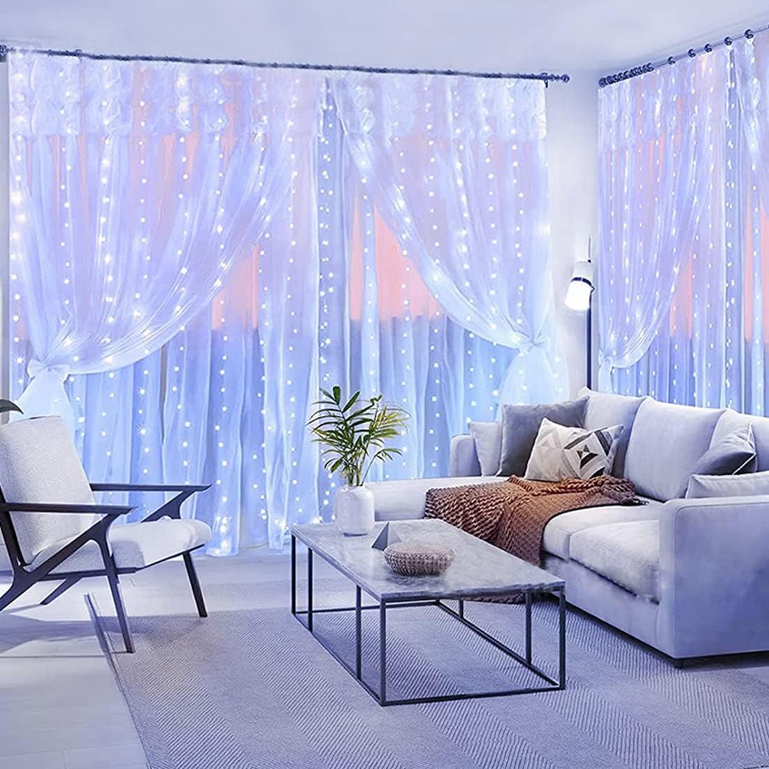 White Curtain Lights for Bedroom,7.9Ftx5.9Ft 144 LED Waterproof USB Powered Twinkle String Lights Wall Copper Fairy Lights with Control & 8 Modes for Room Window Halloween Decorations