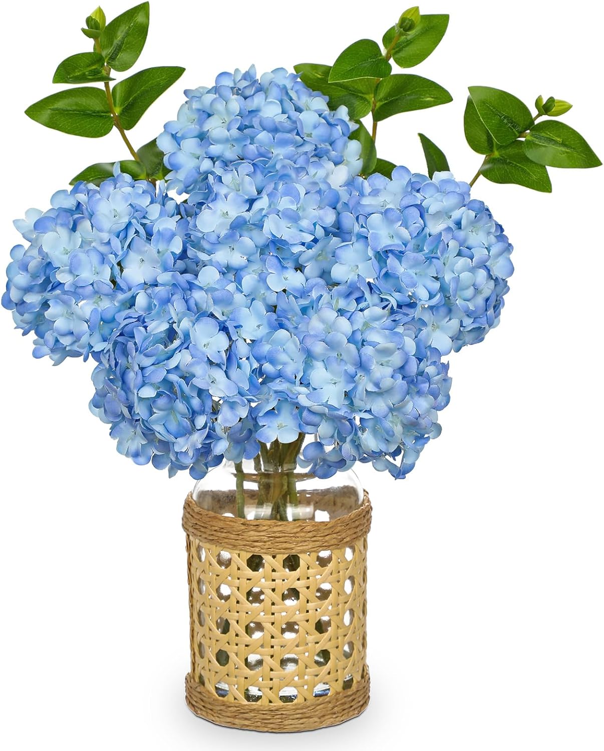 Hollyone Blue Hydrangea Artificial Flowers in Woven Glass Vase with Faux Water Silk Hydrangeas Fake Flowers Floral Arrangement for Home Indoor Bathroom Kitchen Office Table Centerpiece Shelf Decor