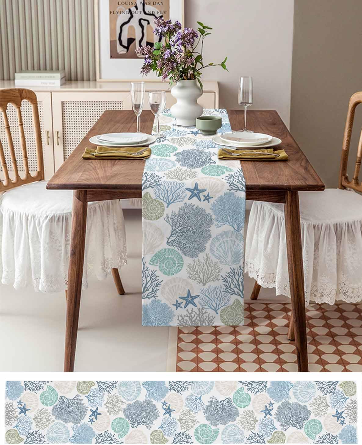 Coastal Coral Cotton Linen Table Runner for Dining Kitchen, Wedding Outdoor Party Tablerunners Decoration, Blue Nautical Starfish Ocean Shell Beach Dresser Scarf Coffee Tablecloth Runners 13''x120''
