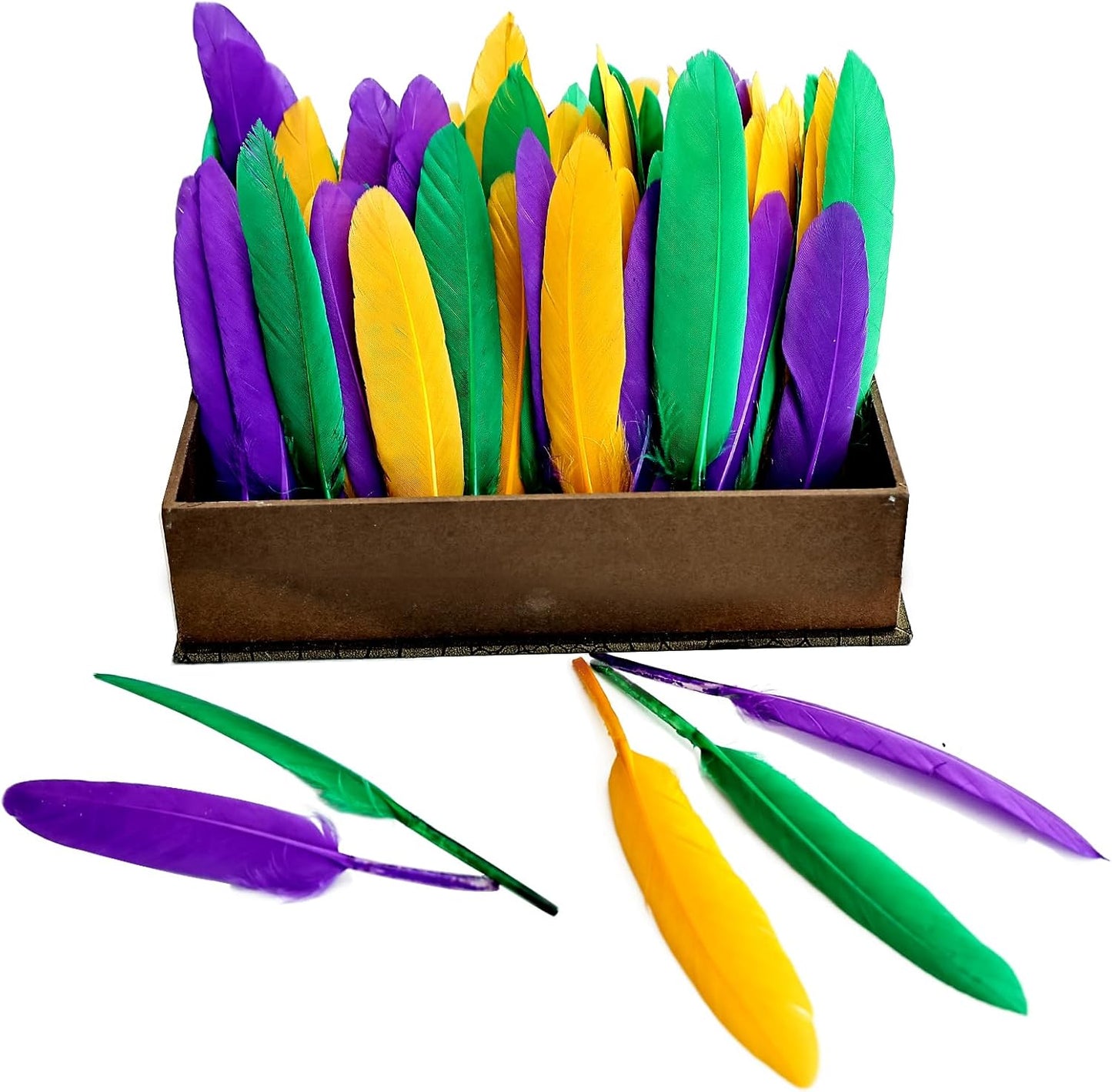 FeelfunFeather 120pcs Mardi Gras Goose Cochettes Feather 4-6 inch Decorative Colorful Purple Golden Yellow Green Feathers Bulk for DIY Crafts Masquerade Carnival Party Decoration
