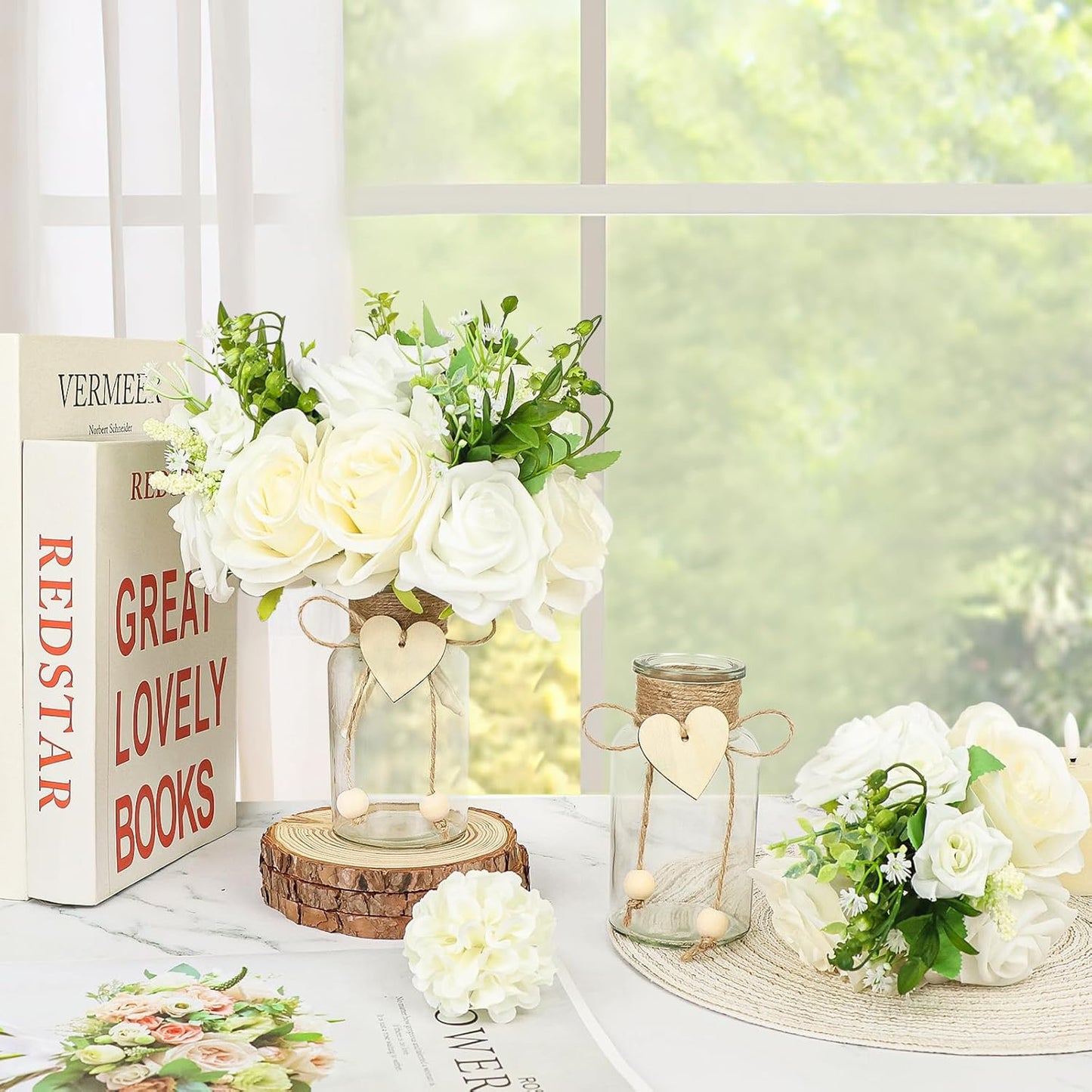 Vintage Glass Vases for Flowers, Set of 3 Mason Jar Vase Table Centerpieces for Farmhouse Room Decor, Wedding, Bridal Shower Bud Vase Set (Medium)