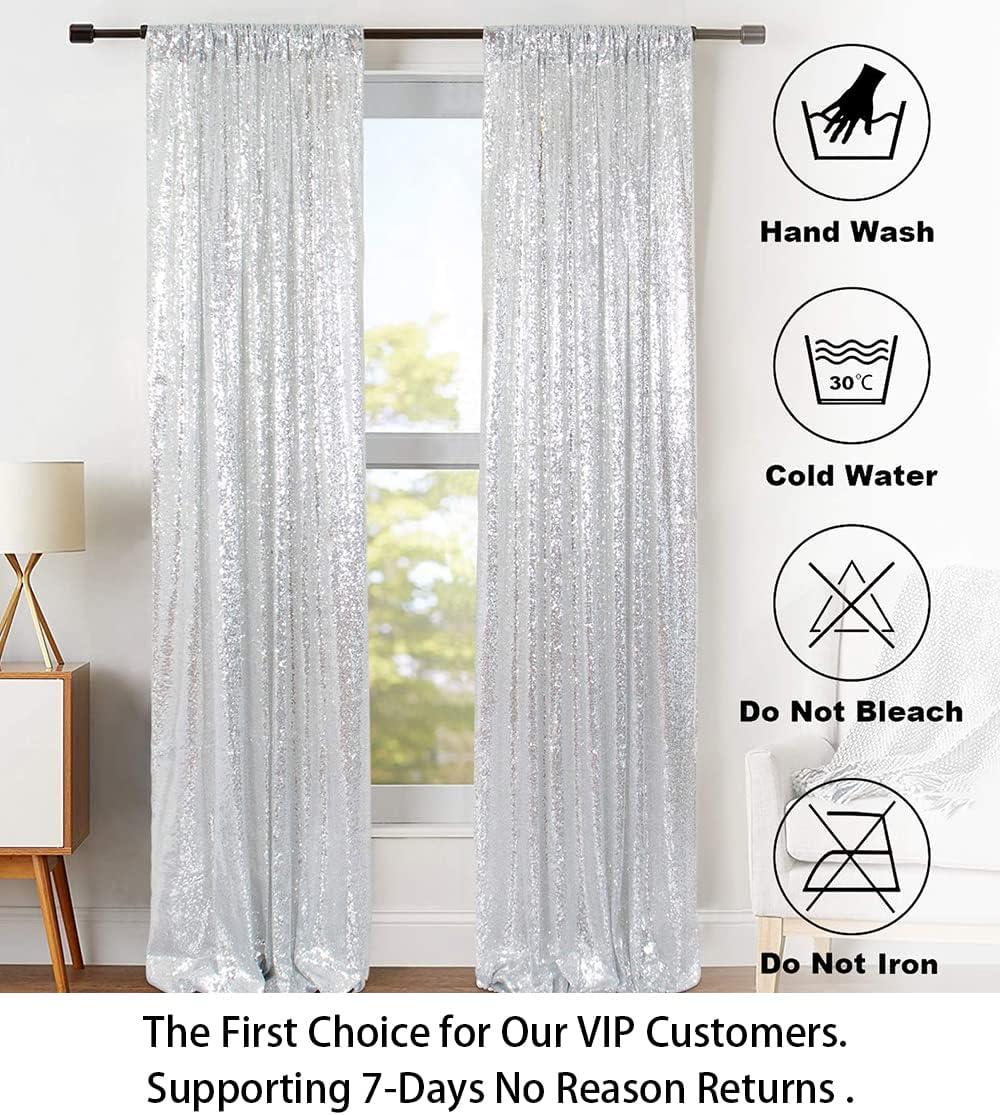 ShinyBeauty Silver Sequin Curtain 2Panels 5FTx10FT Glitter Wedding Backdrop for Photography - Shimmer Payette Fabric Background