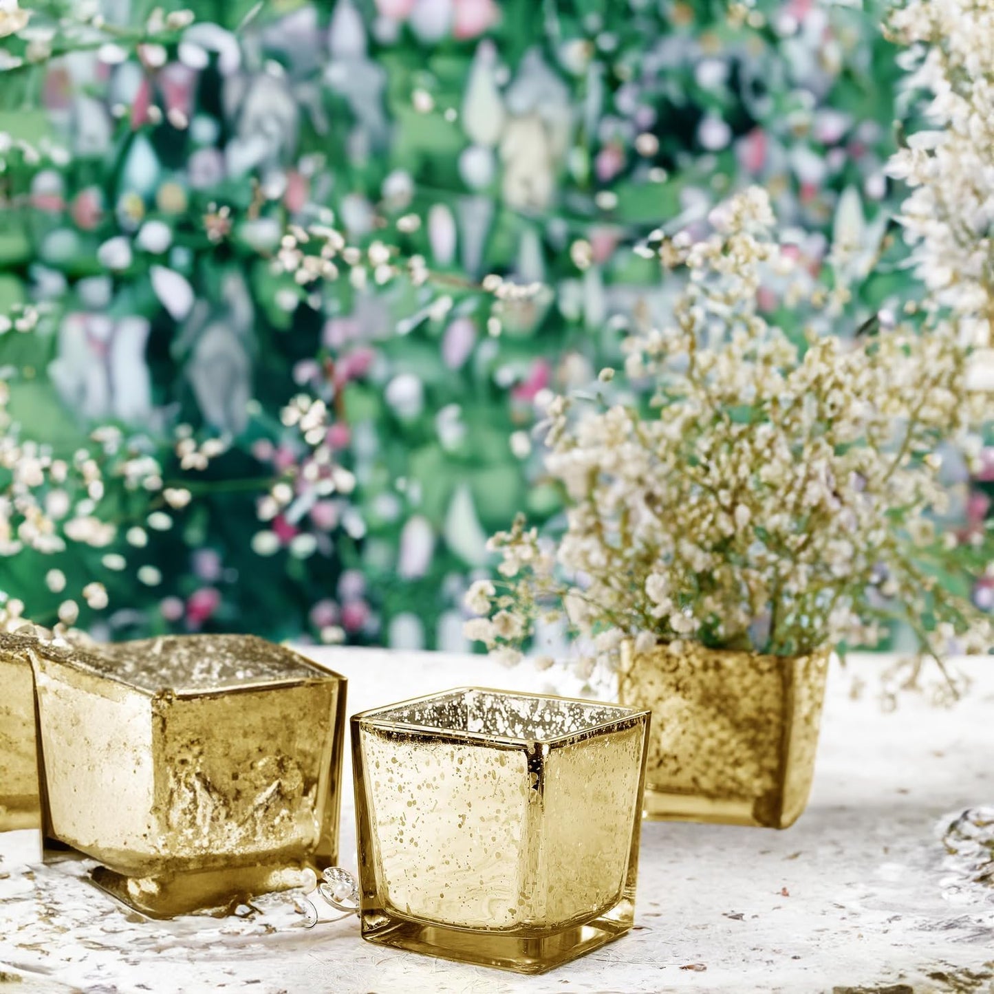 WGV 2 Inch Gold Speckle Square Cube Glass Votive Candle Holder, Small Tiny Mercury Tea Light 2x2”, 1 Pc