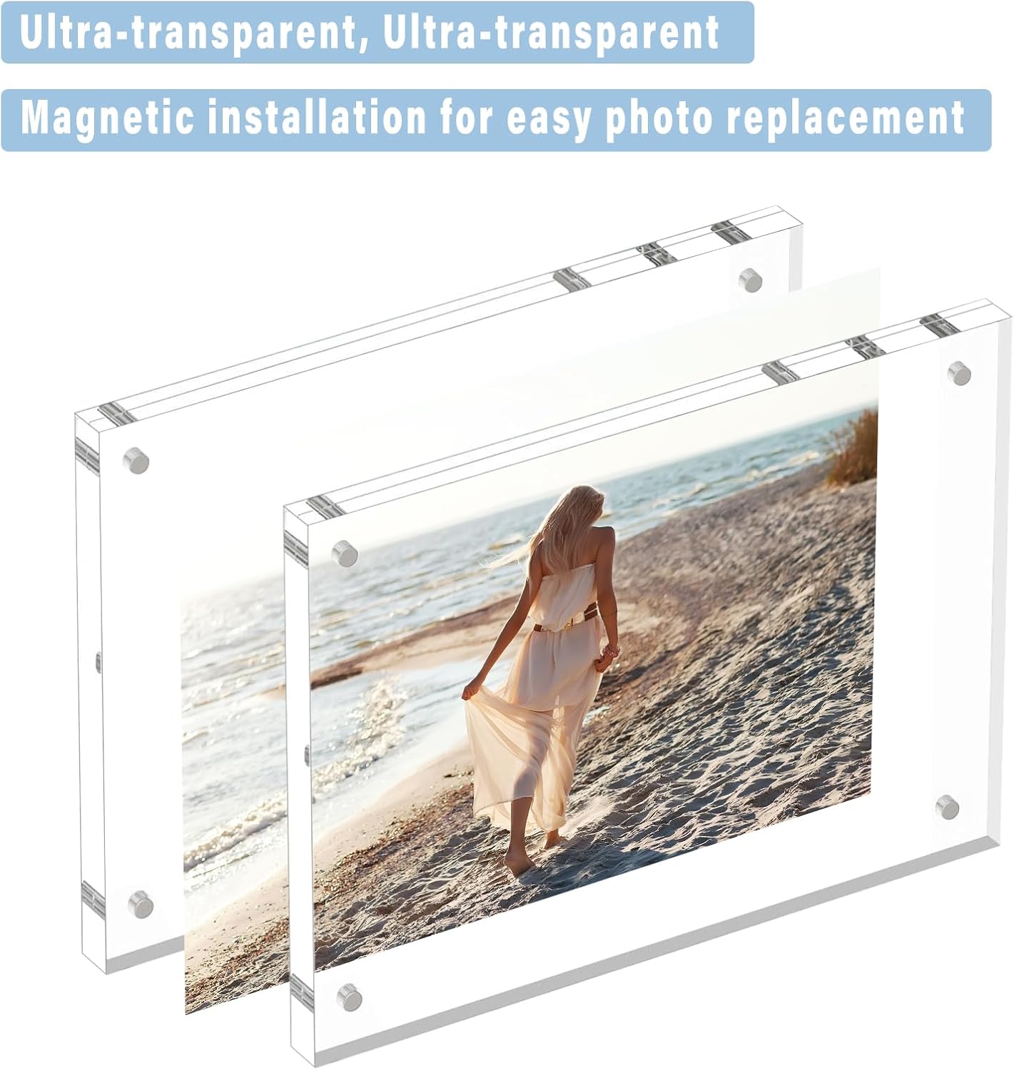 HELPLEX 5 Pack 8.5x11 Acrylic Picture Frames, 24mm Thicker Frameless Clear Frame Double Sided Magnetic Frame, Free Standing Desktop Display Stand