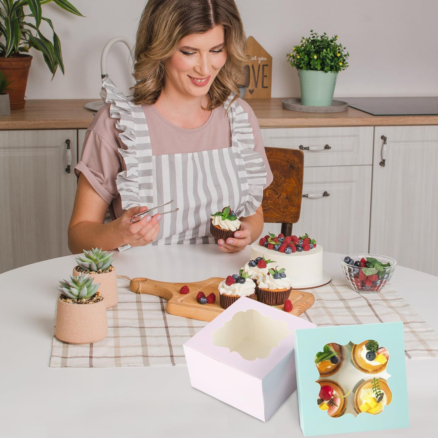 20 PCS 6.5 x 6.5 x 4 inch Paper, Cupcake Boxes with Inserts and Window Hold 4 Cupcakes, Bakery Boxes For Cupcakes Carrier, Cupcake Containers (Pink - 4 Holes)