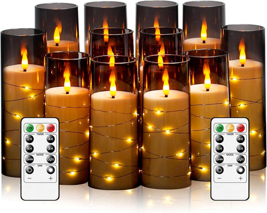 Flameless Candles with Embedded Star String - Battery Operated LED Candles, with Remote,12 Grey Flickering Candles for Christmas, Weddings, Home Decor & Party,(D 2.3"×H 5" 6" 7")
