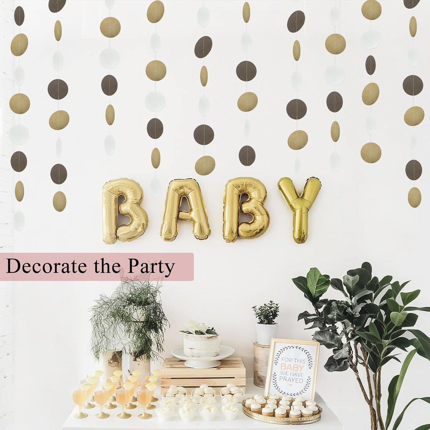 MerryNine Paper Garland 5 Pack, 50ft Glitter Paper Garland Circle Dots Hanging Decor, Banner for Baby Shower, Birthday, Nursery Party Decor (Brown Kraft Beige)