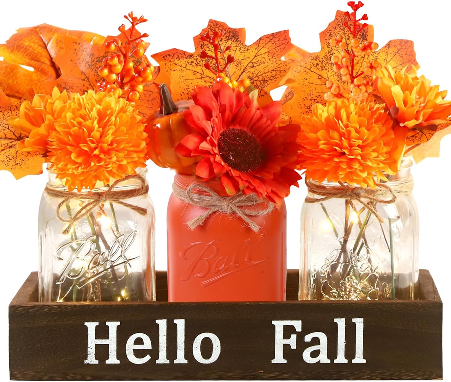 DIYDEC 3PCS Fall Mason Jars 3 * 5Inch Lighting Painted Thanksgiving Tiered Tray Decorative Jars with Wood Tray &Artificial Flowers Wishing Bottles for Autumn Holiday Home Table Centerpiece Decor Gift
