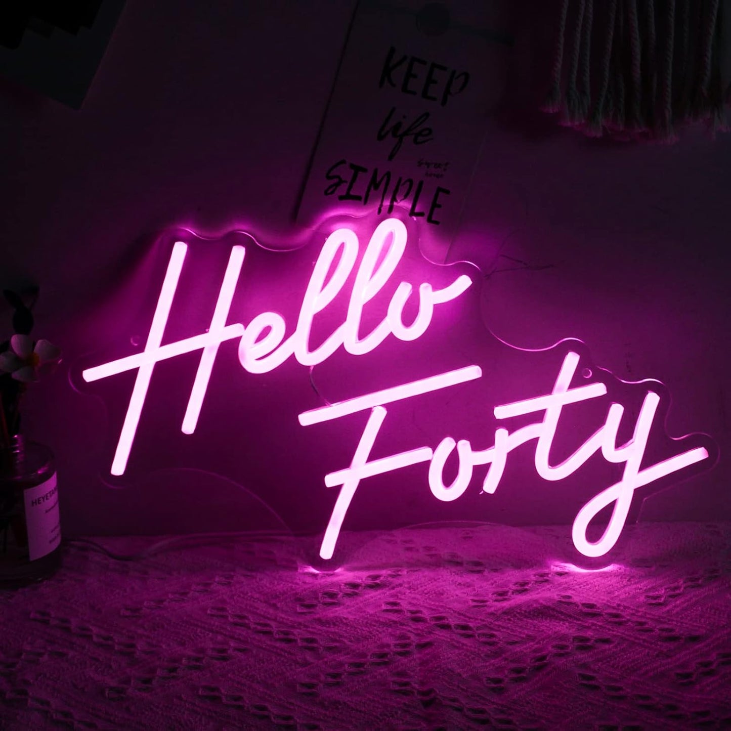 Hello Forty Neon Sign 40th Birthday Dimmable Neon Sign Pink Letters Neon Lights For Bedroom Decor USB Hanging Sign For Home Apartment Office Beauty Salon Decor