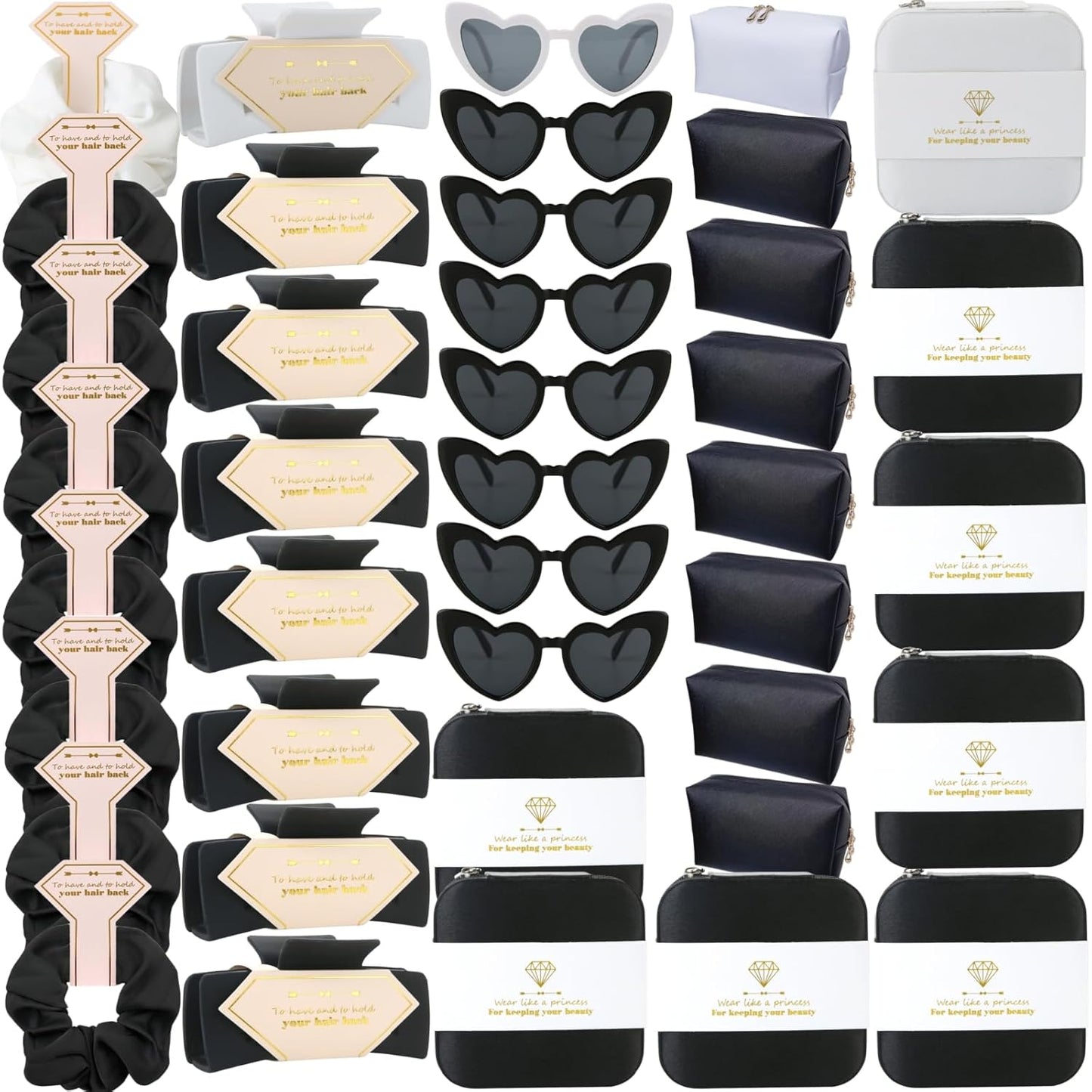 Bridesmaid Scrunchies Proposal Gifts Bachelorette Hair Claws Clips Girls heart sunglasses for Wedding Party Favors (40, White&Black box)