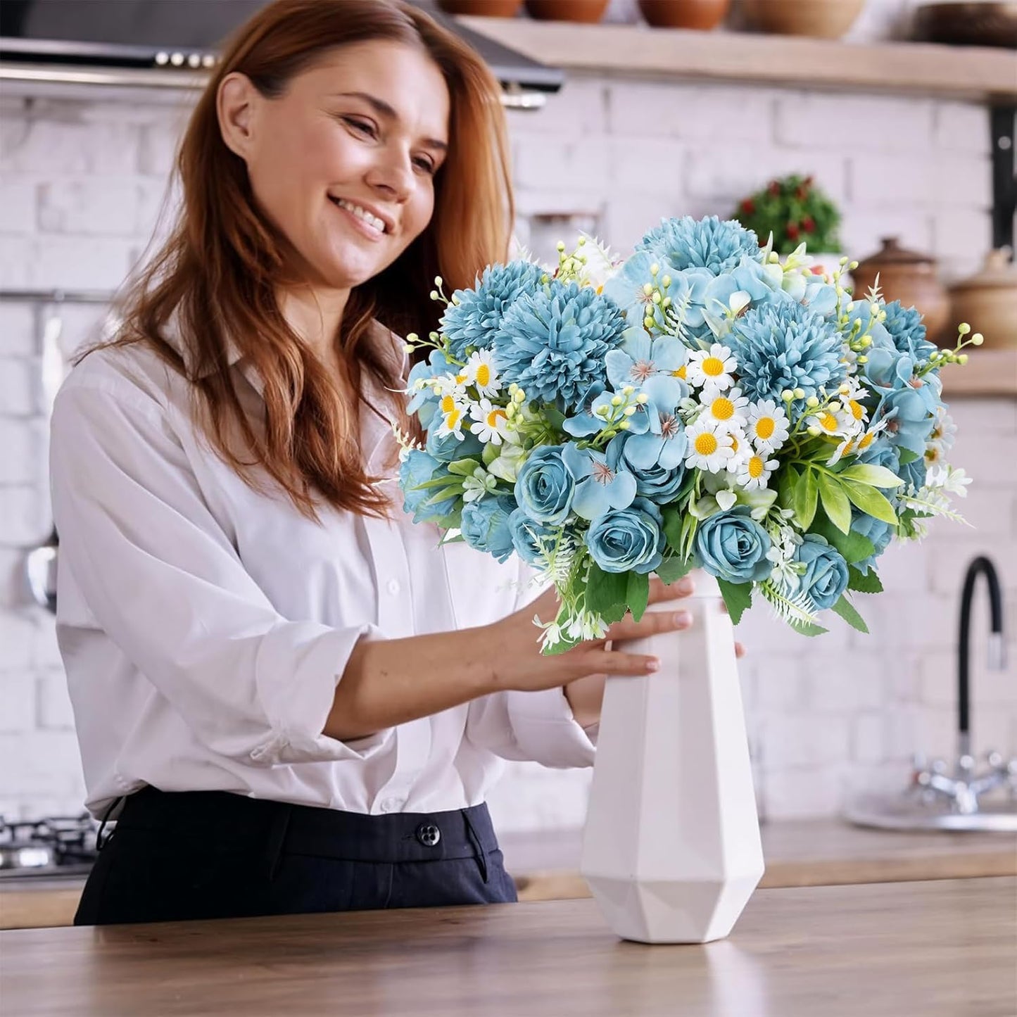 12 Bundles Artificial Flowers Blue Fake Rose Flower Mixed Chrysanthemum Hydrangea Flower Arrangements for DIY Wedding Table Centerpieces Party Baby Shower Home Decorations