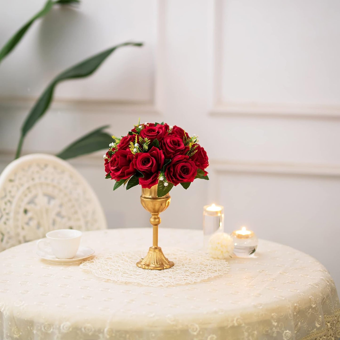 BLOSMON Flower Centerpieces for Tables Wedding: 10 Pcs Crimson Red Artificial Rose Flowers Balls Decoration - 9.5 Inch Fake Silk Kissing Floral Arrangement for Home Party Event DIY Decor