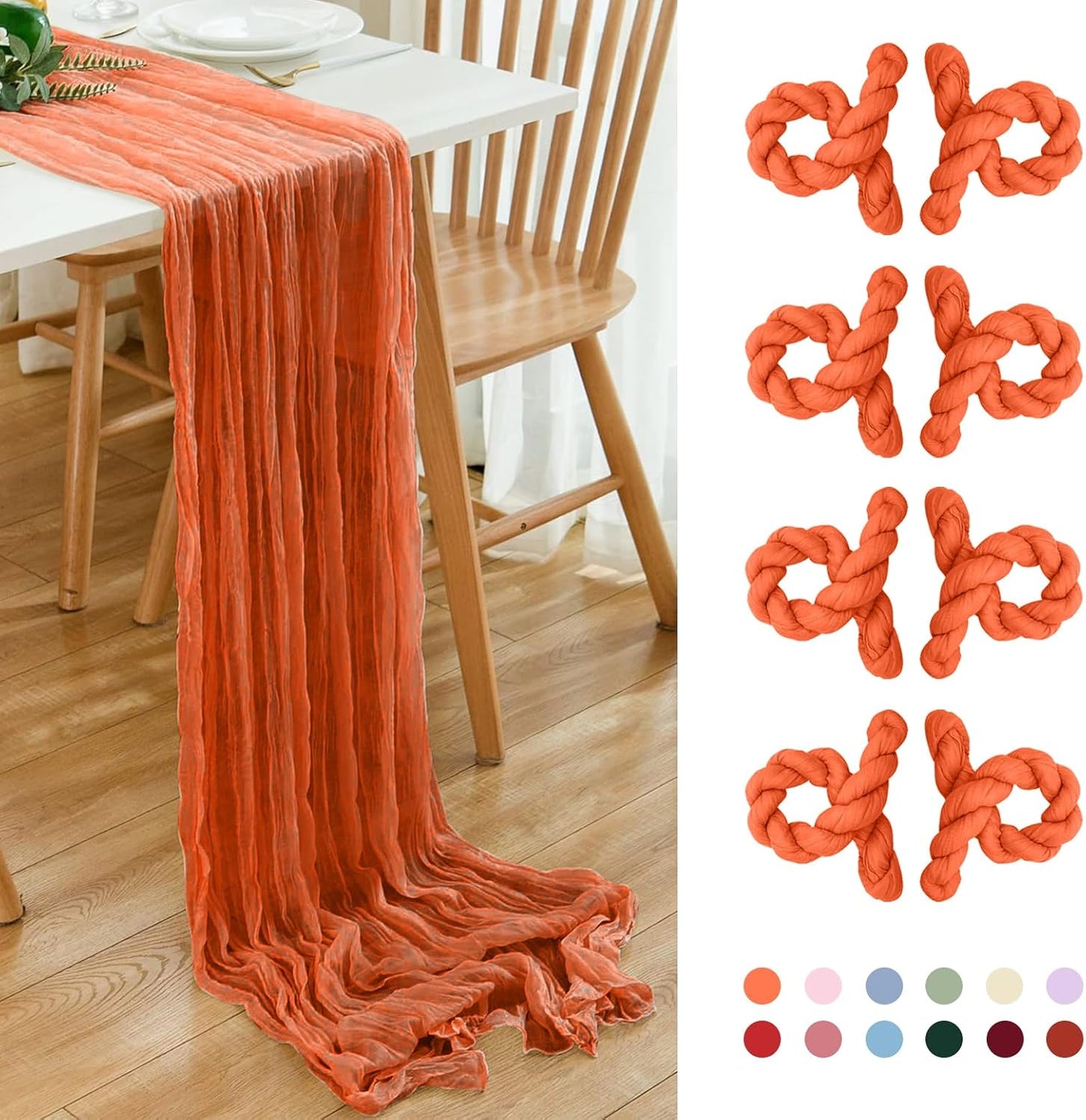 8 Pack 10Ft Orange Cheesecloth Table Runner 35x120 inch Boho Gauze Cheese Cloths Table Runners Long Wrinkled Sheer Romantic Table Runner for Wedding Bridal Shower Birthday Party Table Decor