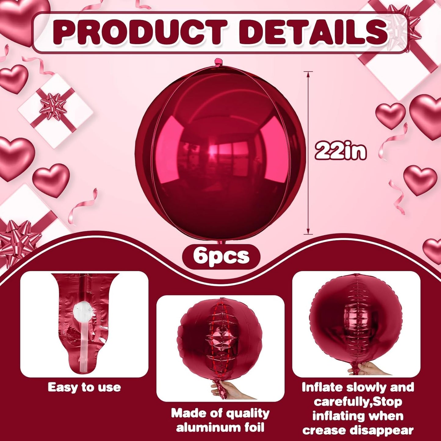 6Pcs Burgundy Round Foil Balloons,Giant 4D Round Ball Balloon,22 Inch Metallic Burgundy Balloons for Birthday Wedding Graduation Prom Party Decorations