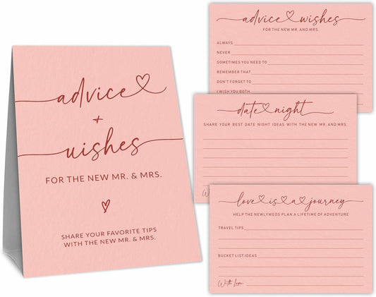 Wedding Advice Cards - Wishes For The New Mr & Mrs Wedding Advice Sign -A Standing Sign With 3 Types Of 4 x 6 Advice Cards -Bride and Groom Newlyweds Bridal Shower Decoration,Games(Pink) - C04
