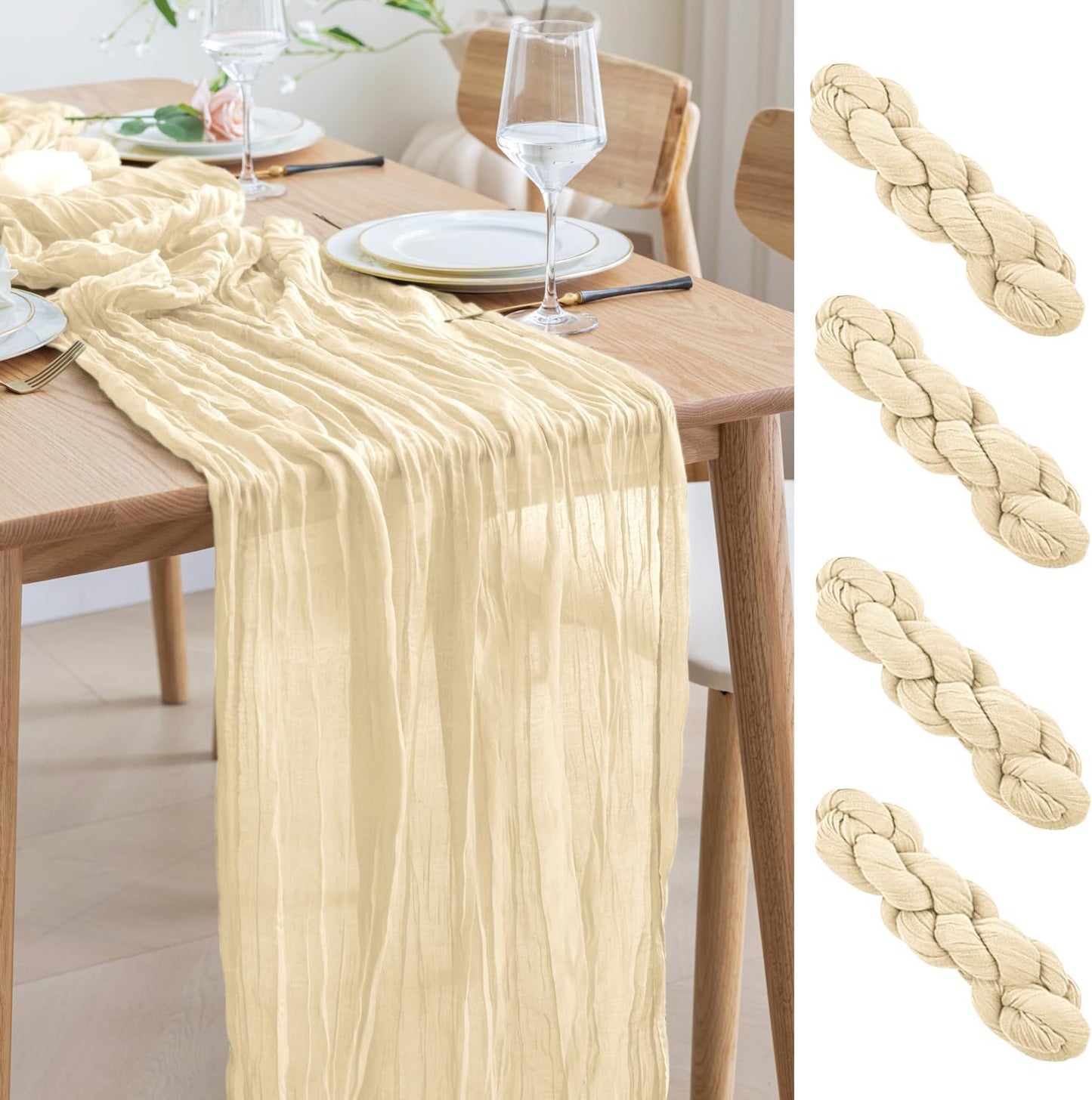 Asee'm 4pcs Cheesecloth Table Runner 120 Inches Long Beige Boho Gauze Cheese Cloth Runner 10FT Rustic Sheer Table Runners for Christmas Wedding Party Baby Shower Spring Easter Decoration