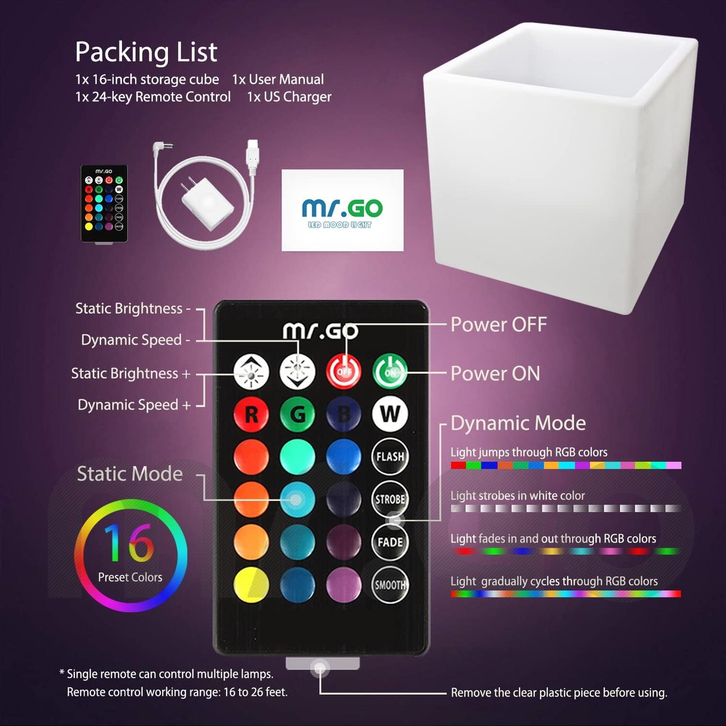 Mr.Go 16-inch SEMI-Storage LED Light Cube, Rechargeable RGB Color Changing Glowing Cube Cabinet Container End Table Ice Bucket Flower Pot Planter