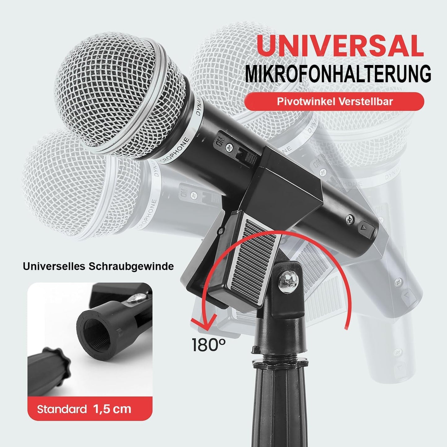 Pyle Universal Microphone Stand - Handheld Mic Compatible, Heavy Compact Base, Lightweight & Compact Design, 2.8 to 5 Ft Height Adjustable Clamp, Pivot Angle Clip, Home/Studio Use (Pair)