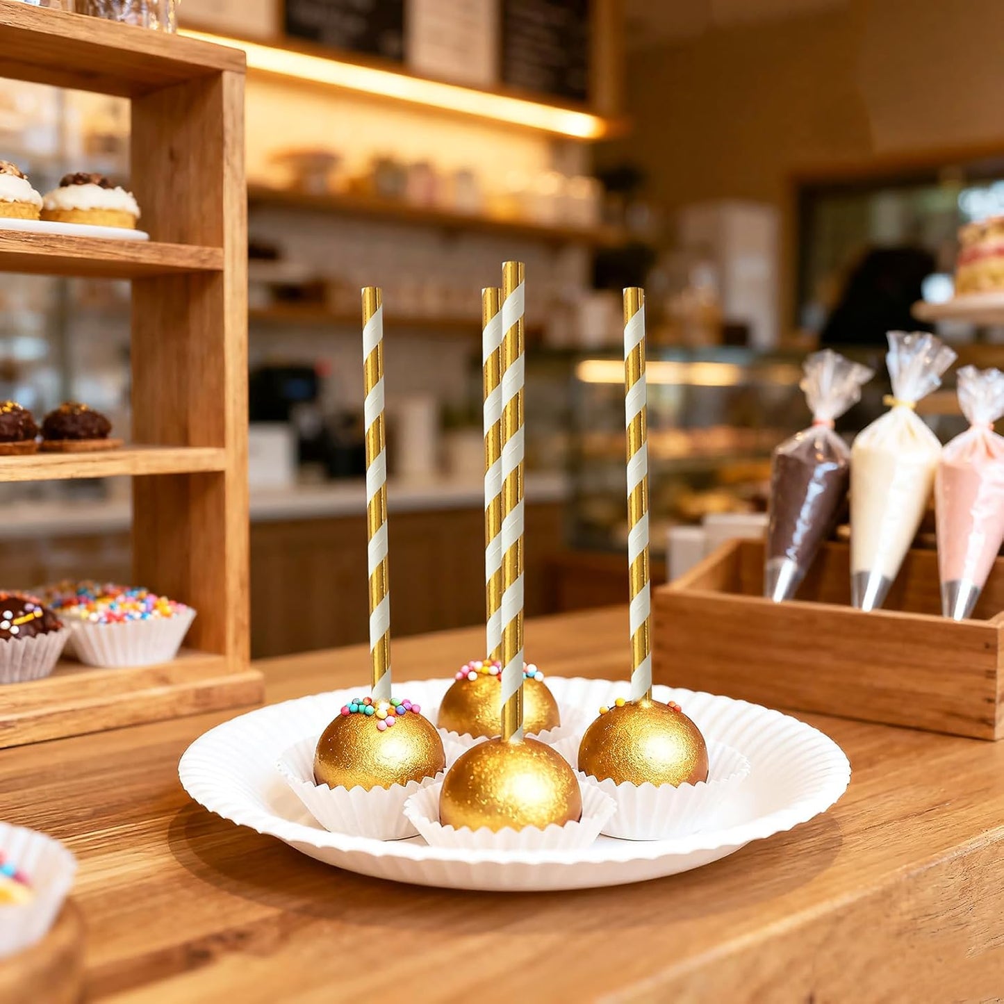 Disposable Gold White Straws - 7.75 Inch Striped Compostable Drinking Straws for Beverages, 100 Pack