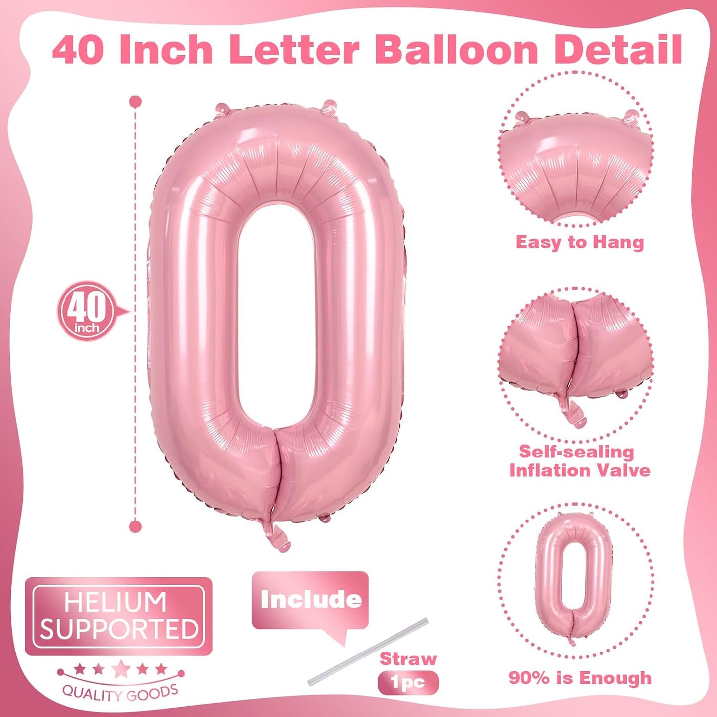 40 Inch Pearl Pink Large Letter Balloons - A to Z, Self Inflating Pink Foil Alphabet O Mylar Balloons for Girls' Birthday Party & Anniversary Decorations