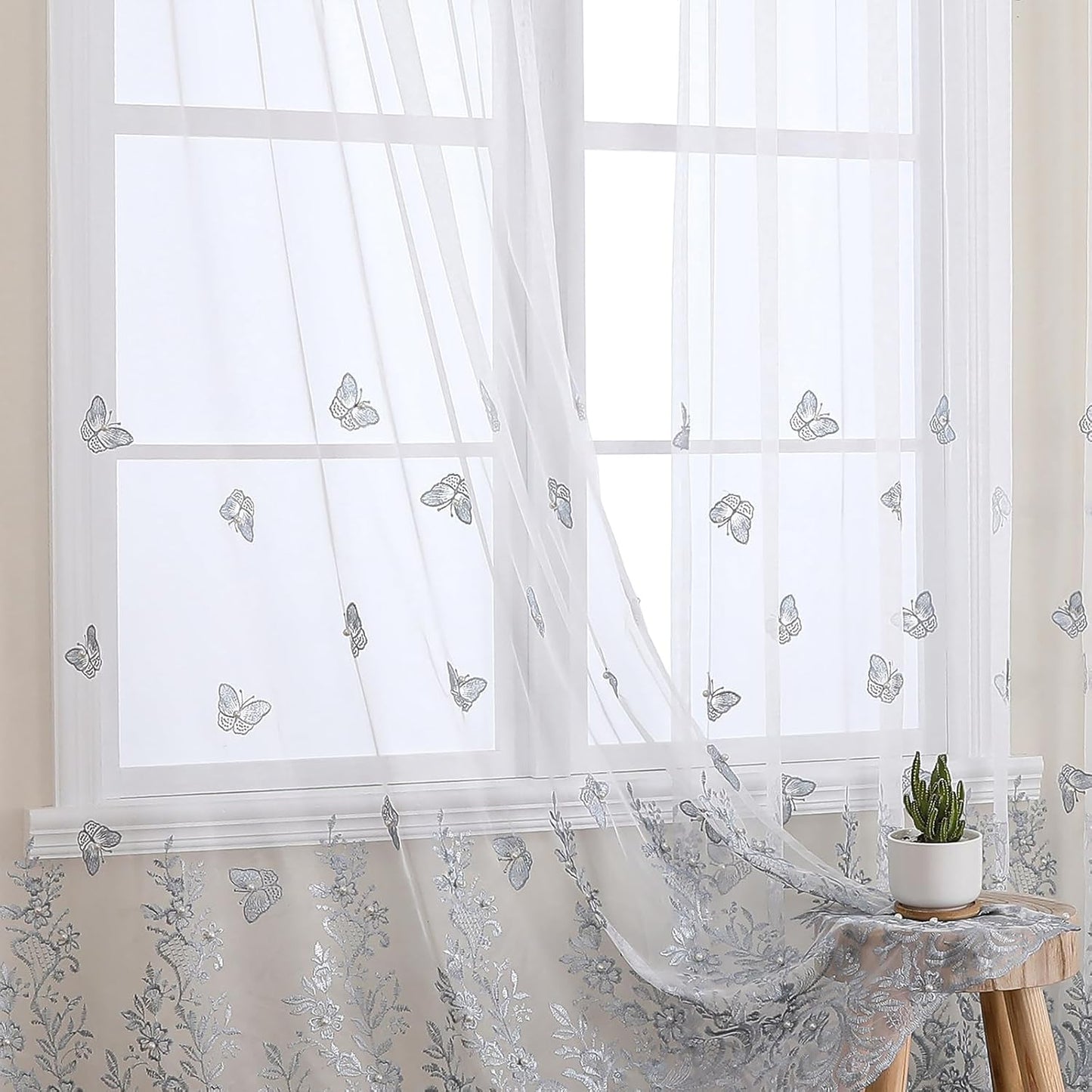 VISIONTEX White Sheer Voile Curtains, Decorative Blue Embossed Butterflies Rod Pocket Window Drapes for Home Kitchen, Living Room and Bedroom 54 x 63 Inch, Set of 2 Curtain Panels