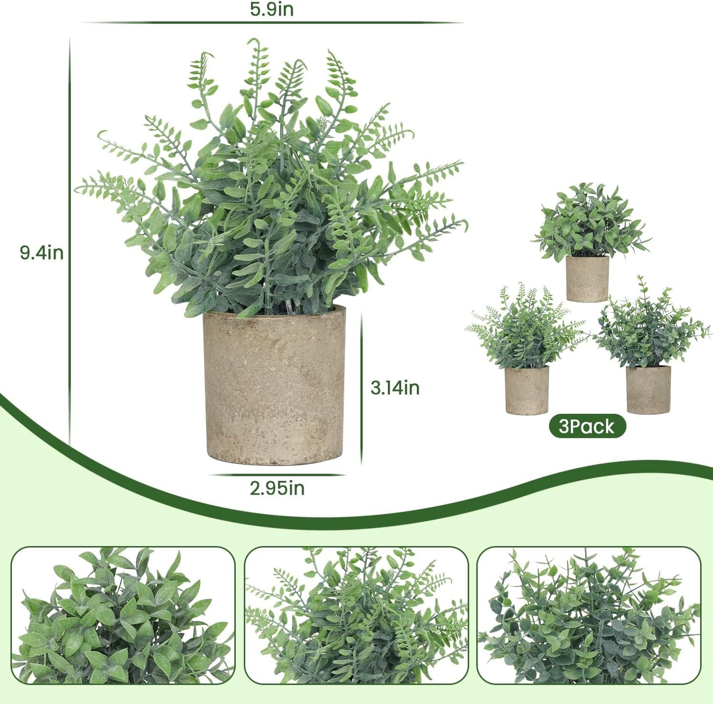 3 Pack Small Fake Plants, Artificial Eucalyptus, Boston Fern & Boxwood Leaves with Gray Paper Pulp Pots, Small Potted Faux Greenery for Home Decor, Bathroom, Shelf, Indoor&Outdoor Decoration