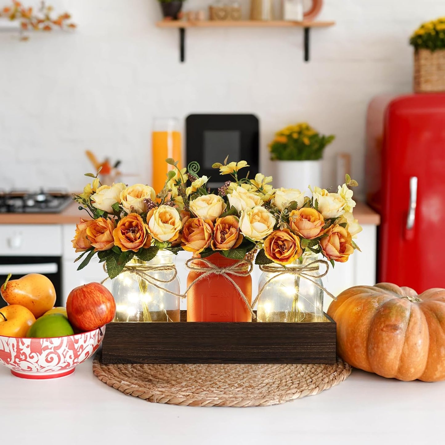 Mason Jar Lights Centerpiece Table Decorations Fall Decor for Home – 3 Jar Flowers with String Lights and Wooden Tray for Dining Room, Farmhouse Autumn Wedding, Kitchen, Living Room, Bathroom