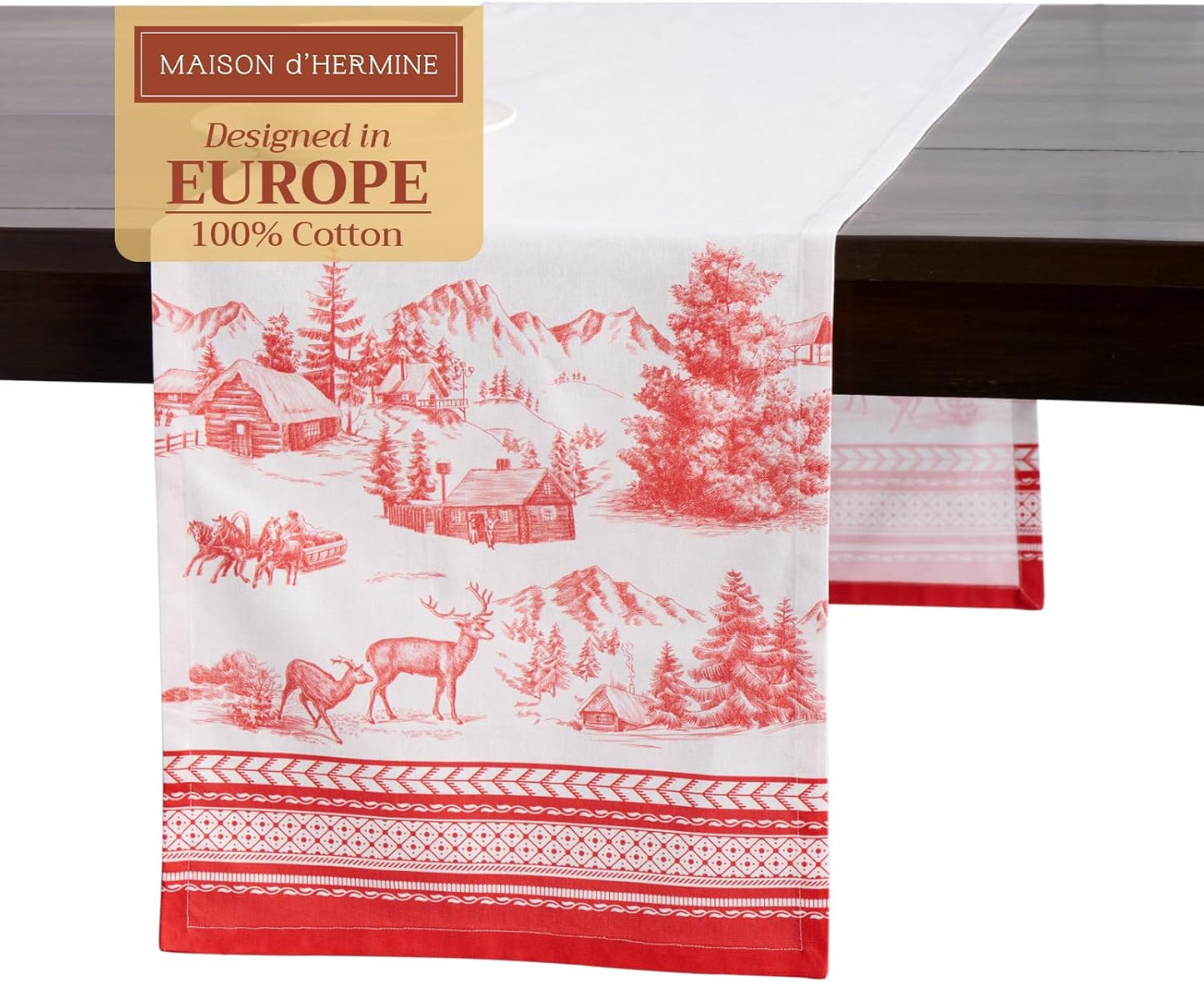 Maison d' Hermine Table Runner 100% Cotton Single Layer Table Runners 108 inches Long for Thanksgiving Christmas Decorations Home Kitchen Dining Party Wedding (Winter Jouy, 14.5" x 108")