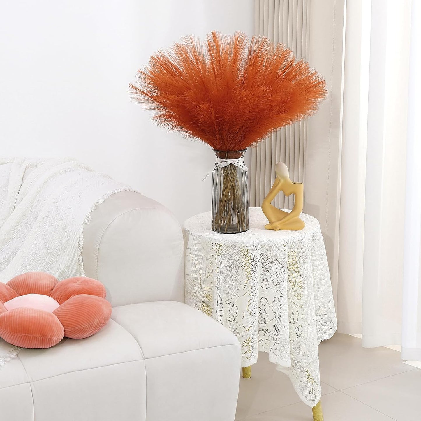 Orange Pampas Grass Decor 30 Pcs 21.7 Inch Faux Pampas Grass Bulk Artificial Dried Flowers Small Vase Filler Pompas Grass.