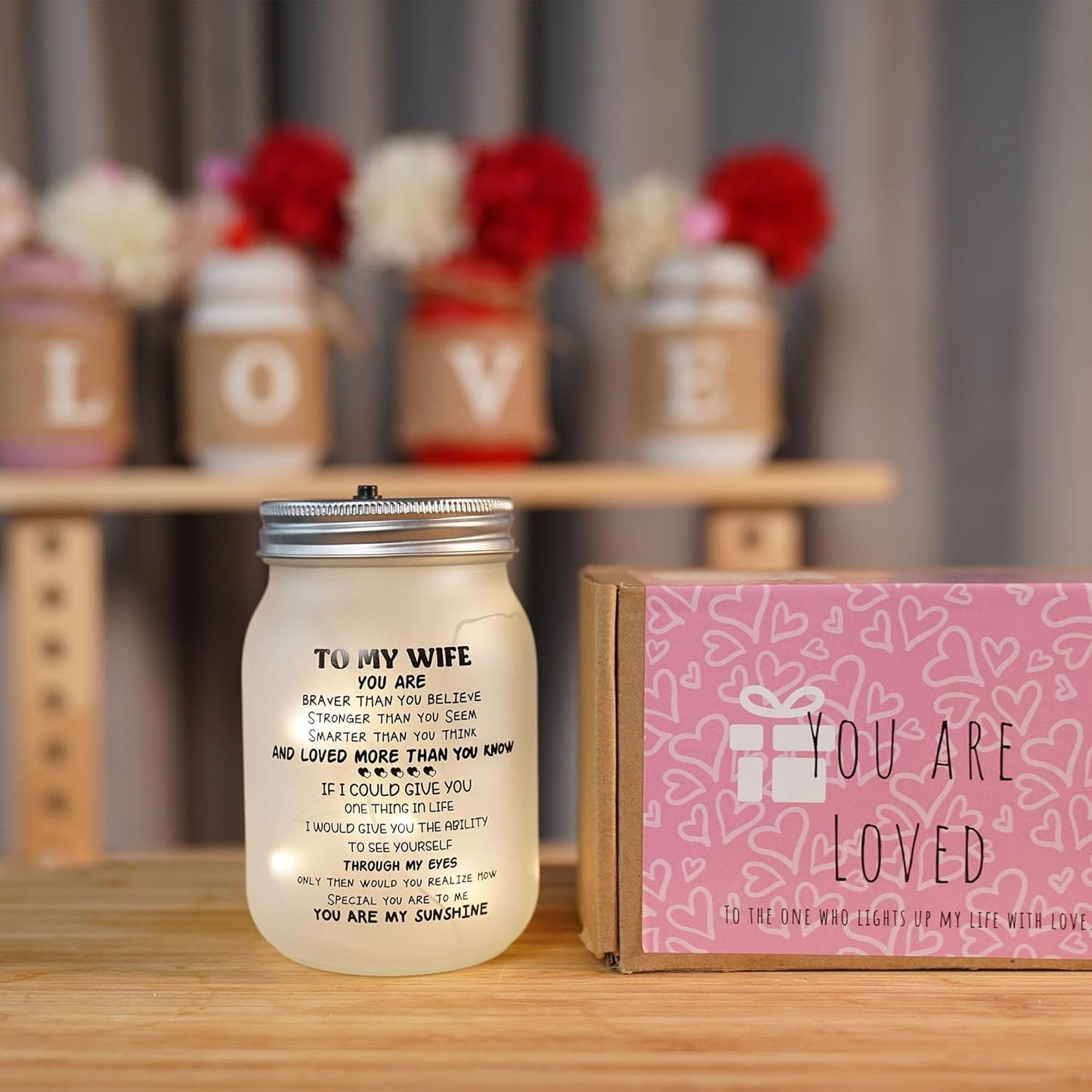 CNVOILA Valentines Day Gifts for Her, For Wife From Husband, Frosted Valentine Mason Jar, Stylish Home Decor, Anniversary Thoughtful Unique Present, Personalized Funny Gifts