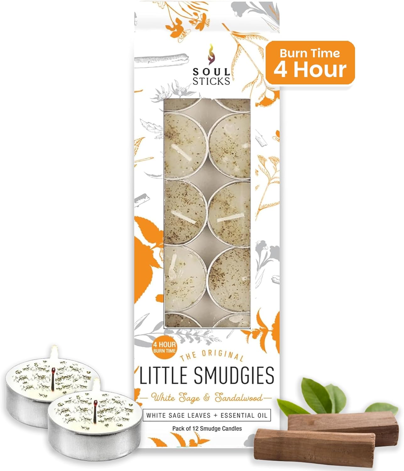 SOUL STICKS 12 Pack Little Smudgies Tealight Candles Smudge Candle for Cleansing House, Meditation, Chakra Healing | Made with Crystals and Herbs (White Sage & Sandalwood)