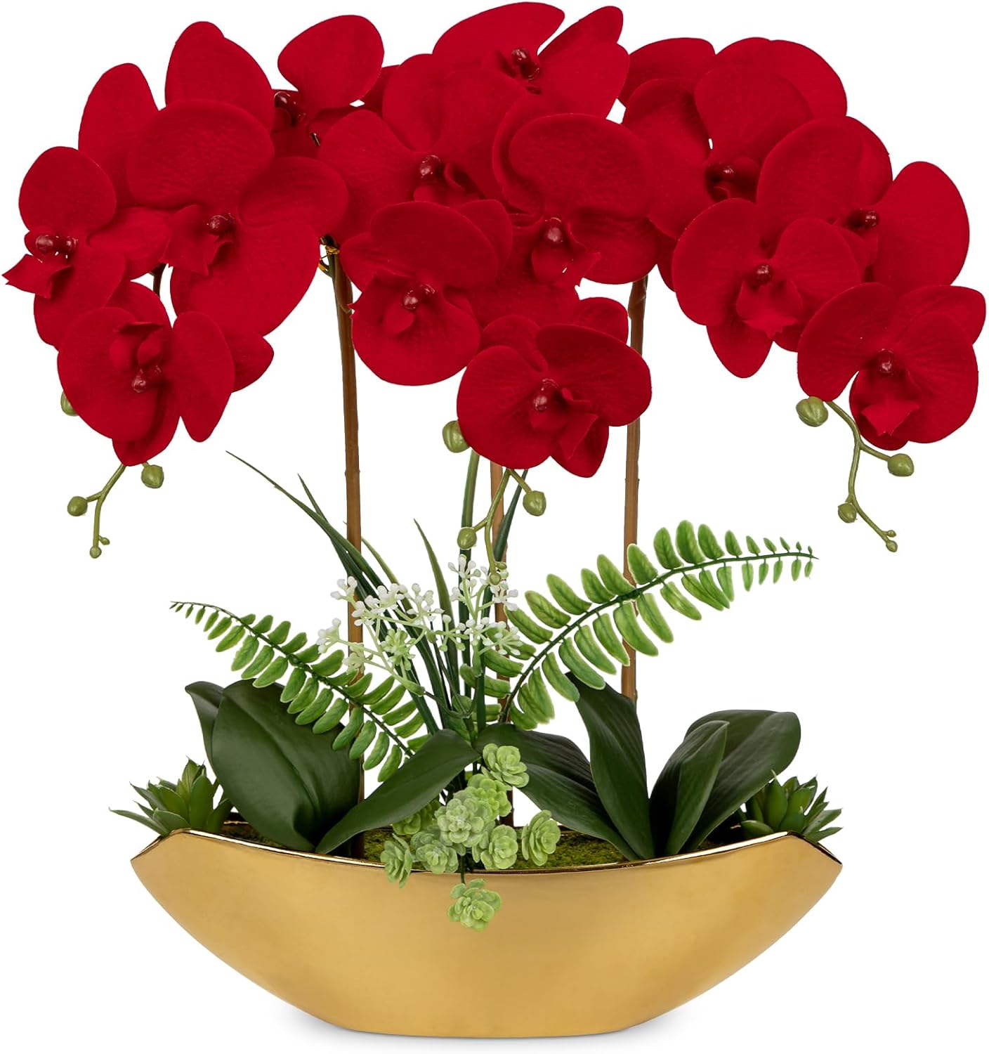 Briful Orchid Artificial Flowers 18in Red Fake Orchid Silk Flowers with Gold Ceramic Vase Faux Phalaenopsis Arrangement for Home Office Room Dining Table Centerpiece Modern Decor