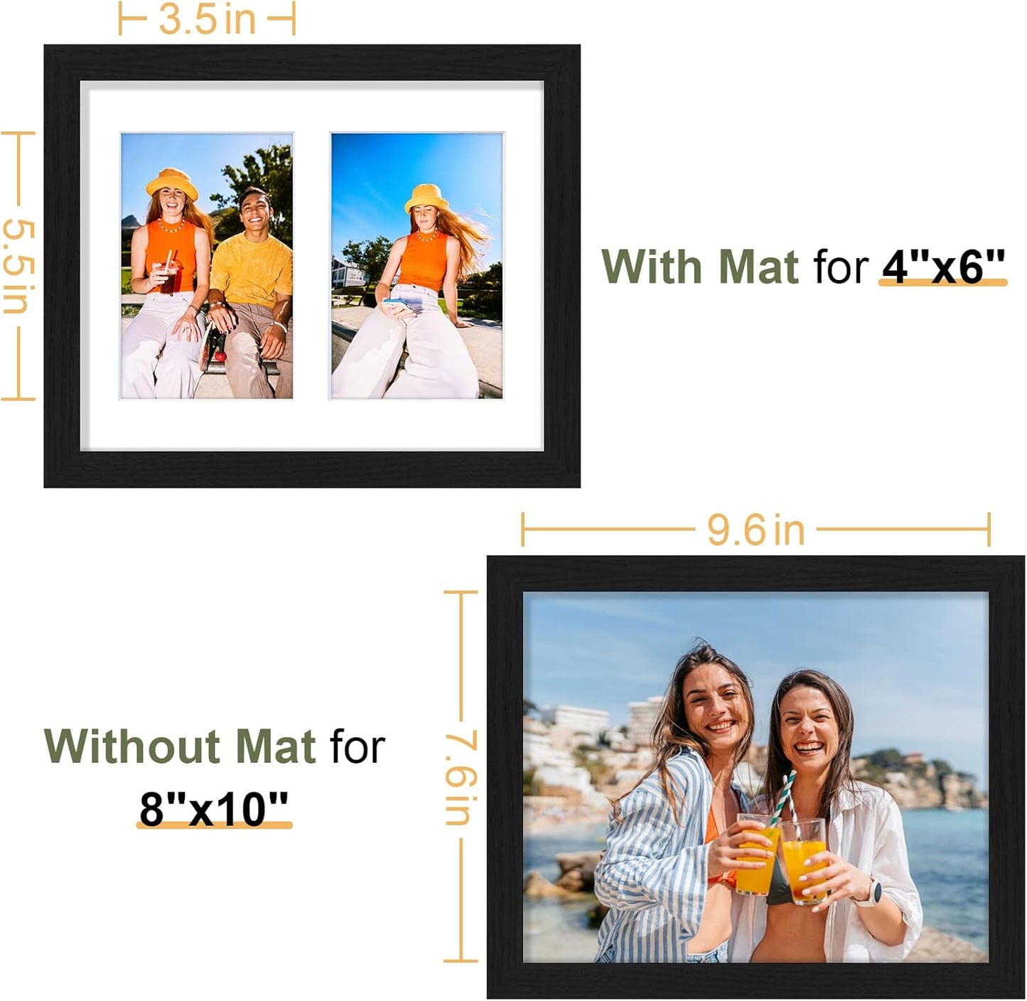 Vittanly 8x10 Collage Picture Frame, Displays 2Pcs 4x6 Pictures with Mat, Photo Frame for Wall Mounting or Table Top with Stand, Black, 1 Pack
