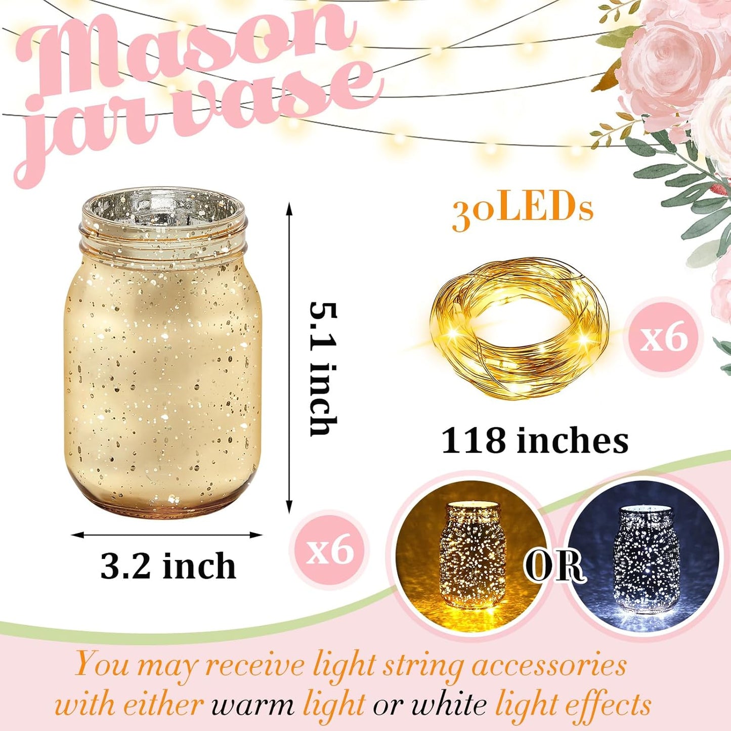 Layhit 6 Pcs Painted Mason Jars Colored Painted Mason Jars Centerpiece for Table with 6 Pcs 9.84 ft 30 LED Operated Fairy Lights for Wedding(Gold)
