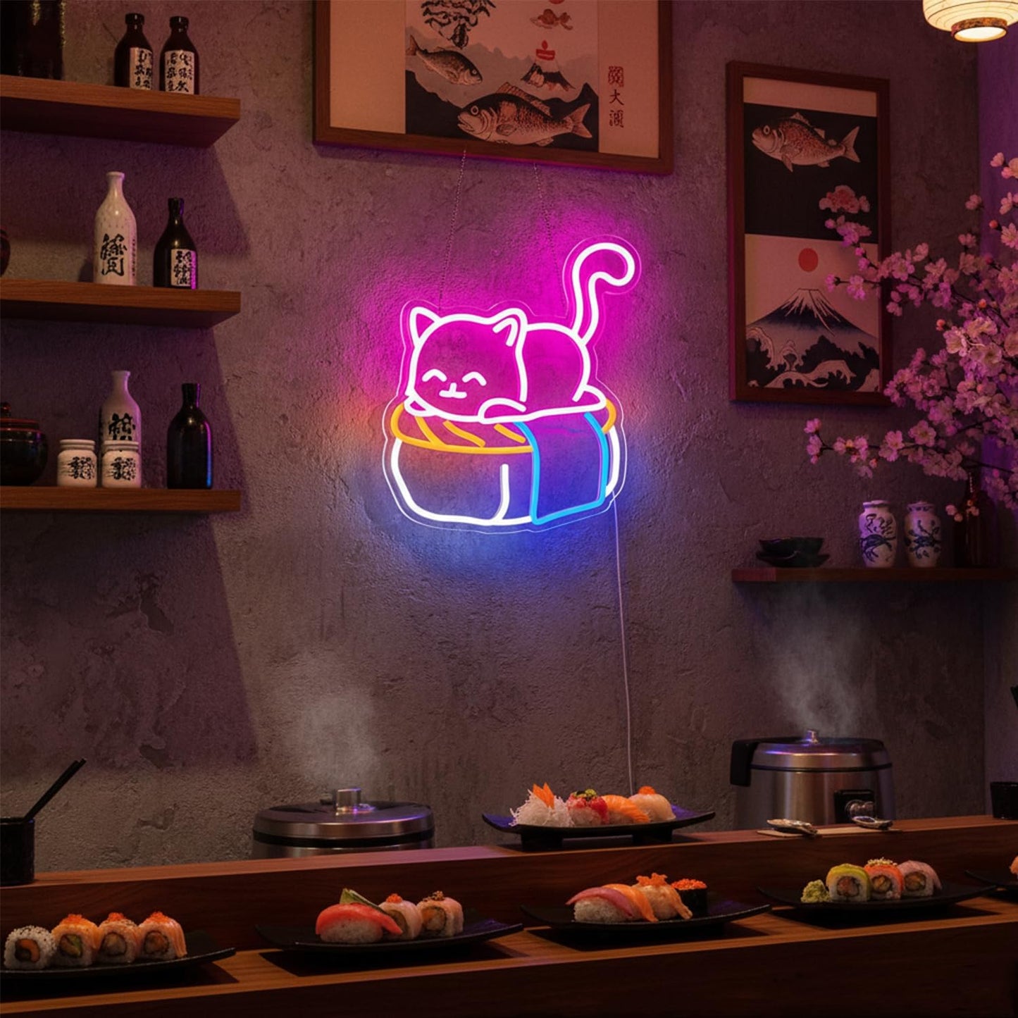 Cute Sushi Cat Neon Sign for Bedroom,Light Up Cat Sign for Pet Store Wall Decor,Kawaii LED Neon Light for Cat Sushi Lovers,Pink Cat Wall Sign for Girls Room,Animal Neon Light Up Wall Art