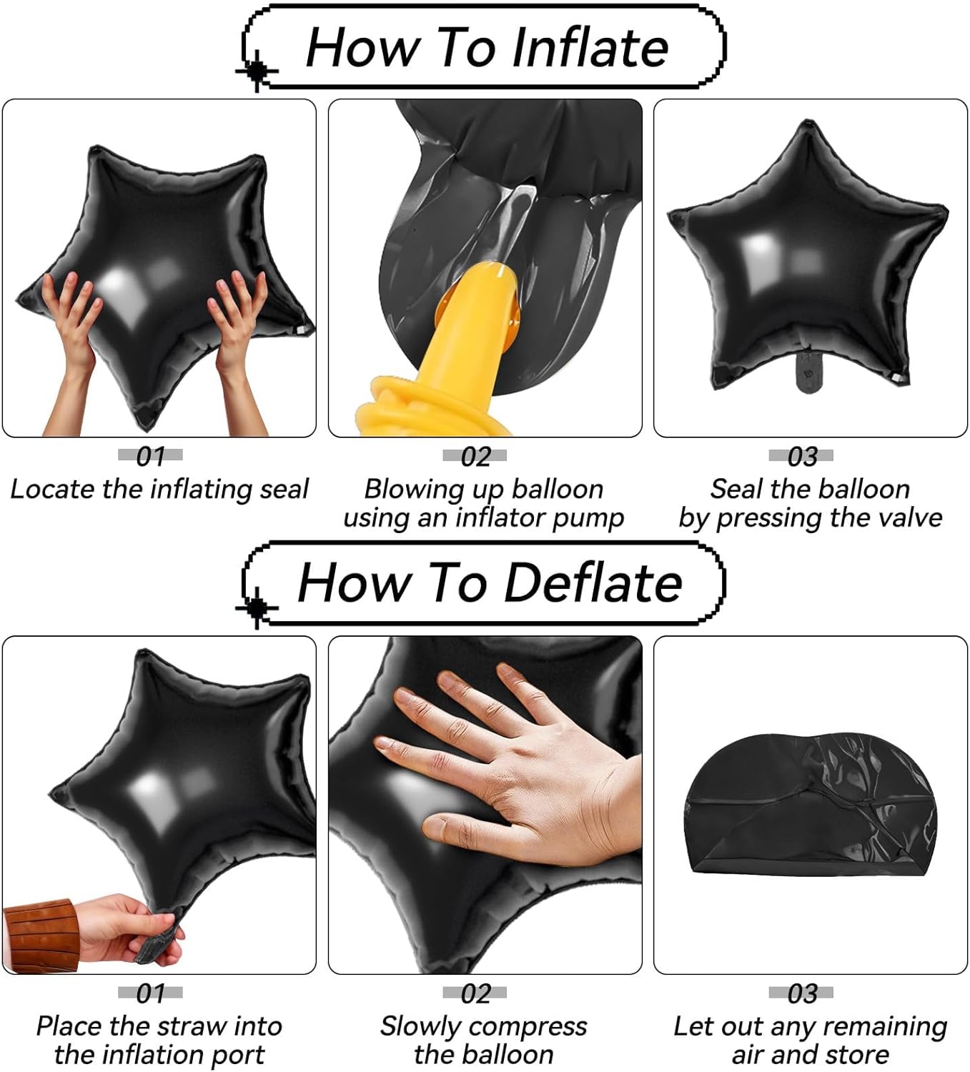 16 Pcs Black Star Balloons,22/18/10 Inch Foil Balloons, Four-Pointed Balloon for Kids Birthday Graduation Celebration Wedding Baby Shower Party Decorations