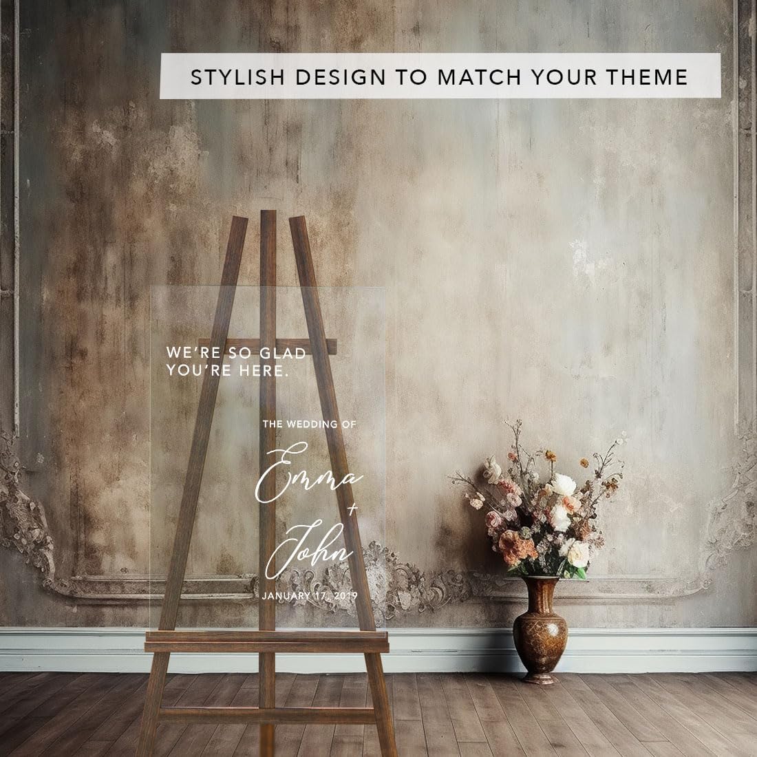 Andaz Press Custom Large Wedding Acrylic Sign, 16 X 24 Inches, So Glad You'Re Here, Personalized Sign, Welcome Sign For Modern Wedding Theme Wedding Welcome Sign