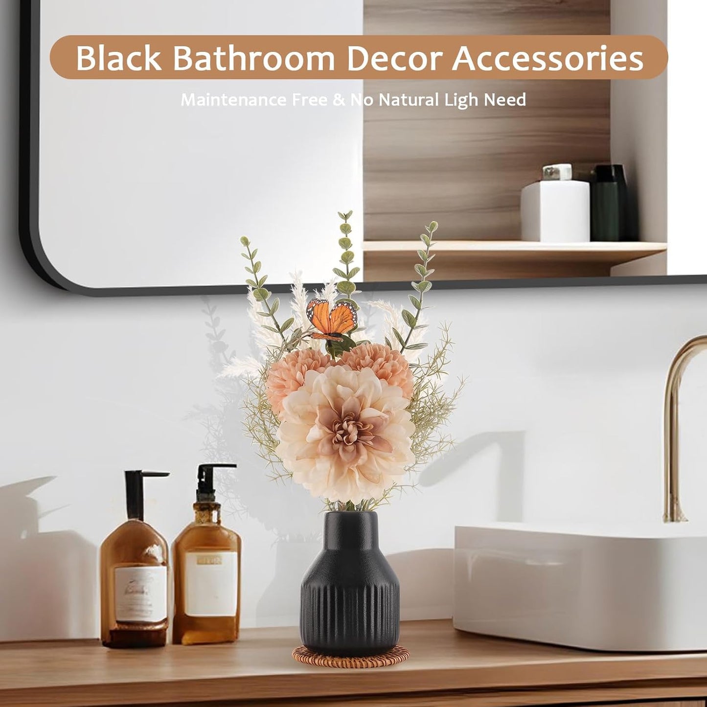 Small Fake Flowers in Vase 14" Centerpiece Table Decorations Silk Flowers Arrangements Ceramic Vase Dahlia Chrysanthemum Artificial Flowers Bouquet for Bathroom Dining Room Kitchen Wedding (Black)